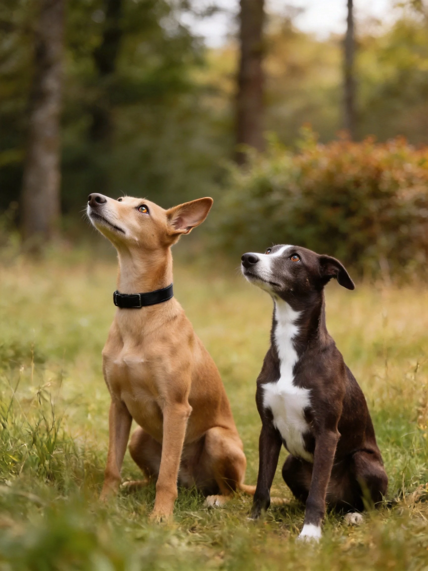 Two dogs gaze upward together in a grassy wooded space.