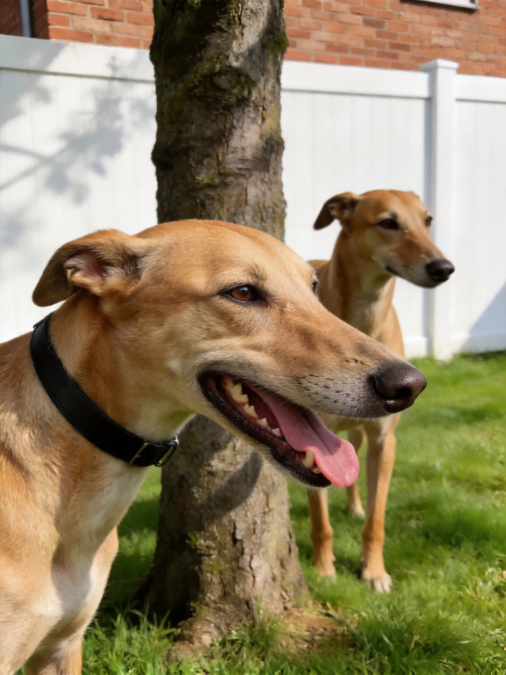 Two tan dogs are near a tree in a sunny outdoor setting with a white fence.