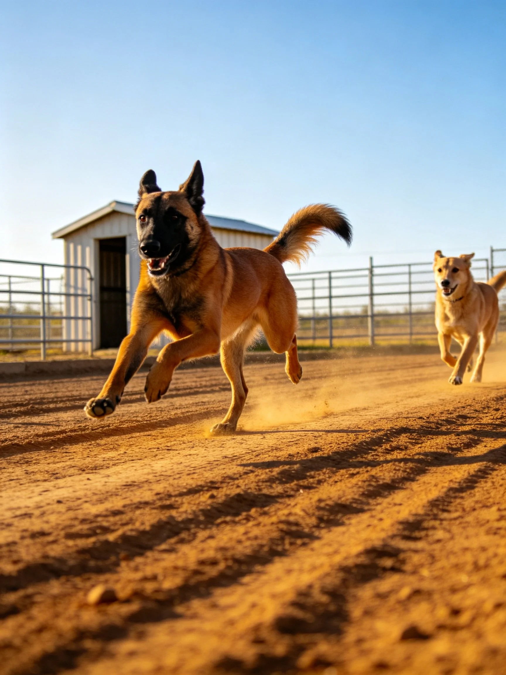 Two tan dogs run energetically along a dusty outdoor track.