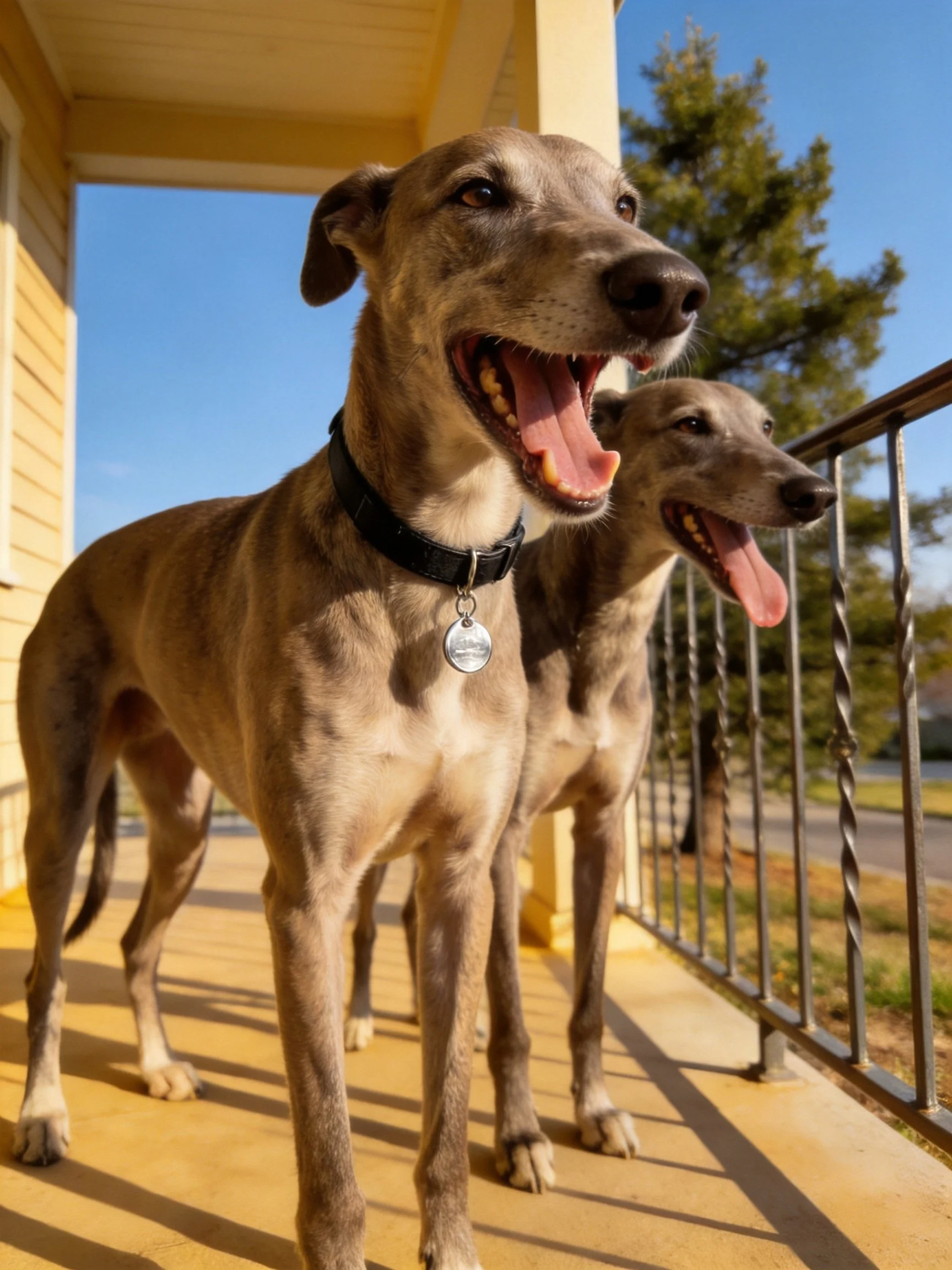 Two tan greyhounds stand on a sunlit porch with metal railings