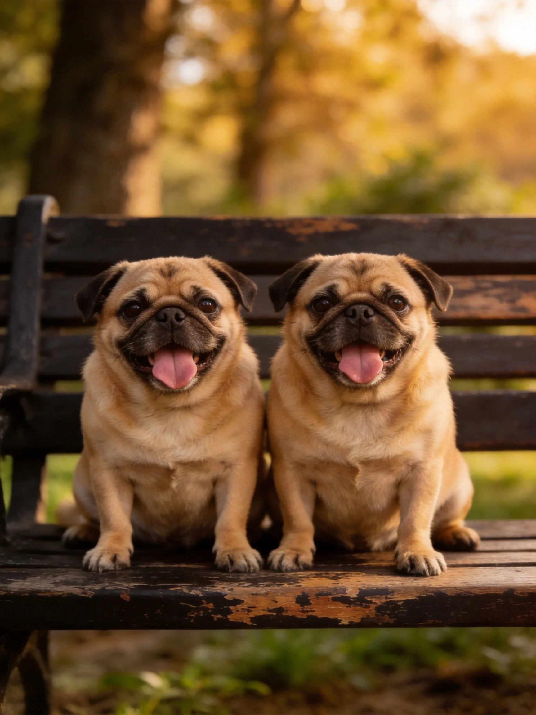 Two happy pugs sit side by side on a bench in a sunlit park.