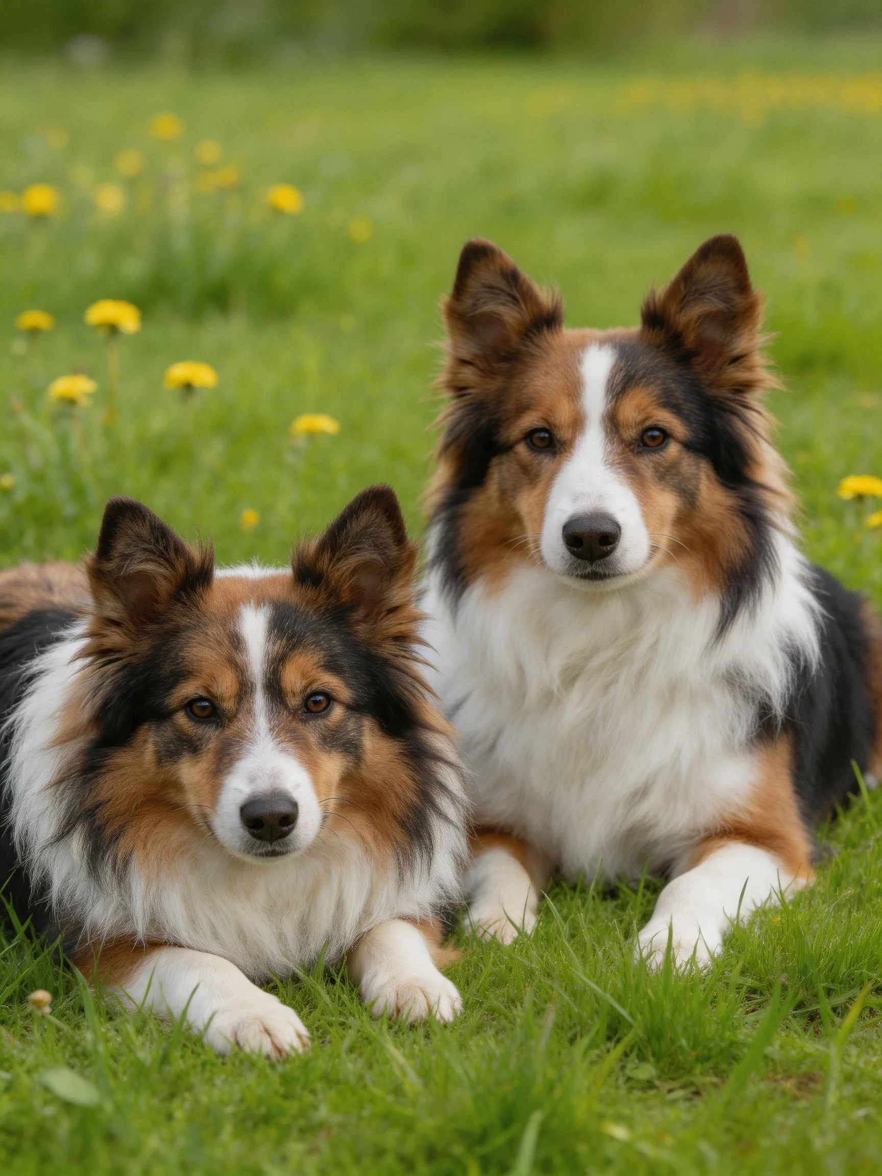 Two tricolor dogs sit calmly on a grassy field dotted with yellow flowers.