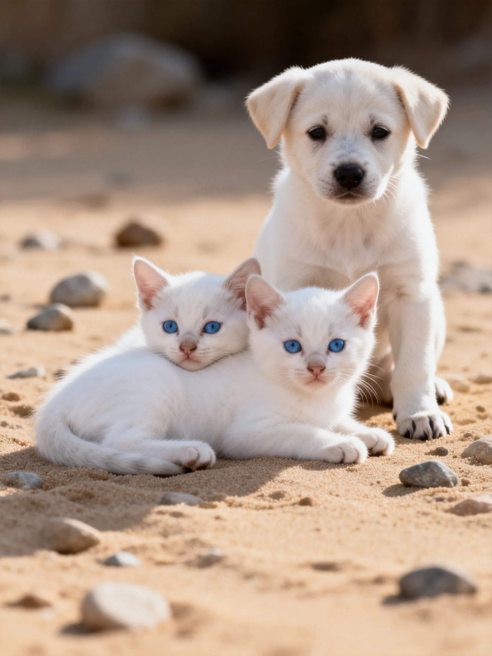 A white puppy and two white kittens with blue eyes are on sandy ground with rocks.