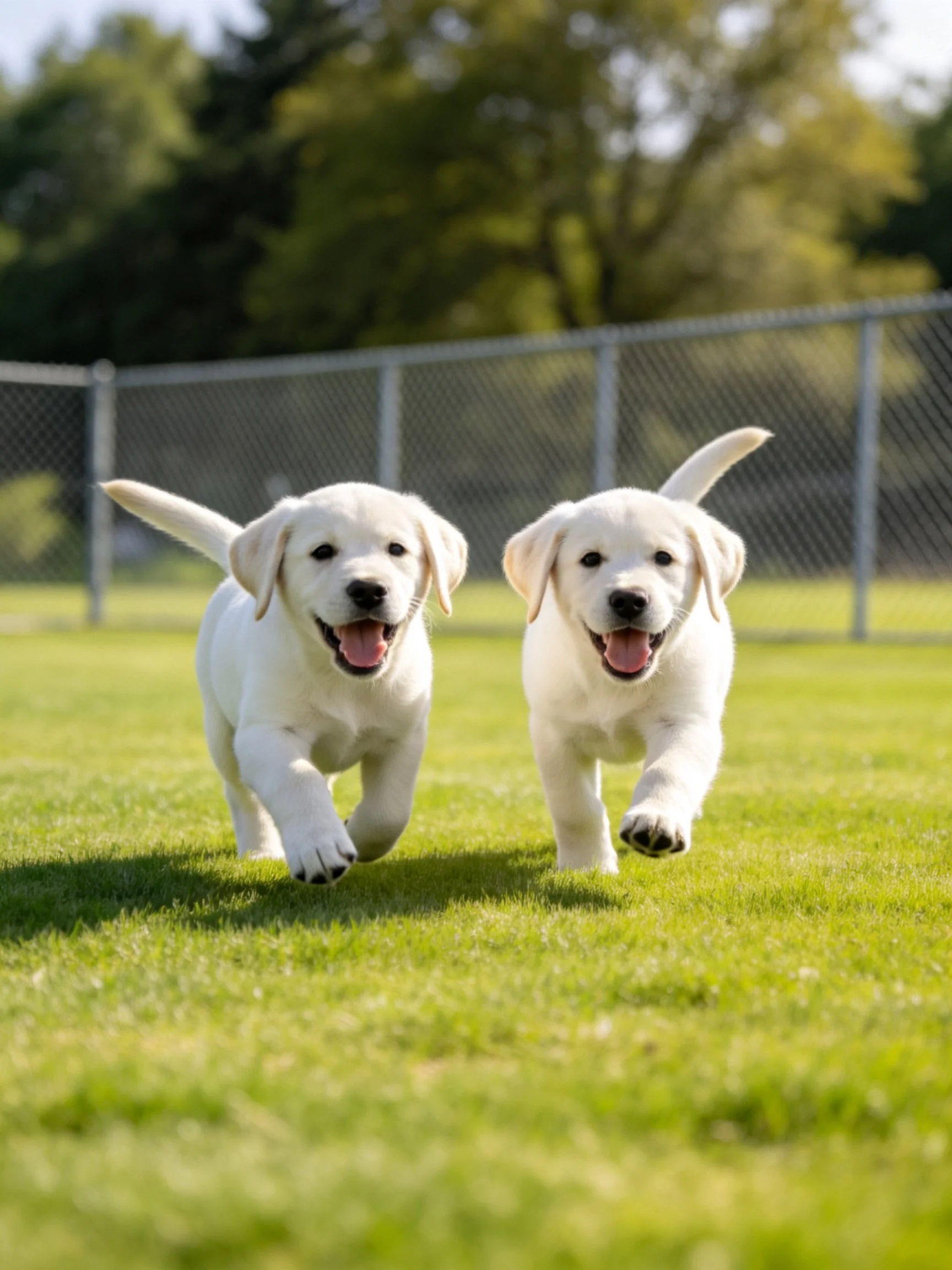 Two white puppies happily run on a grassy outdoor area.