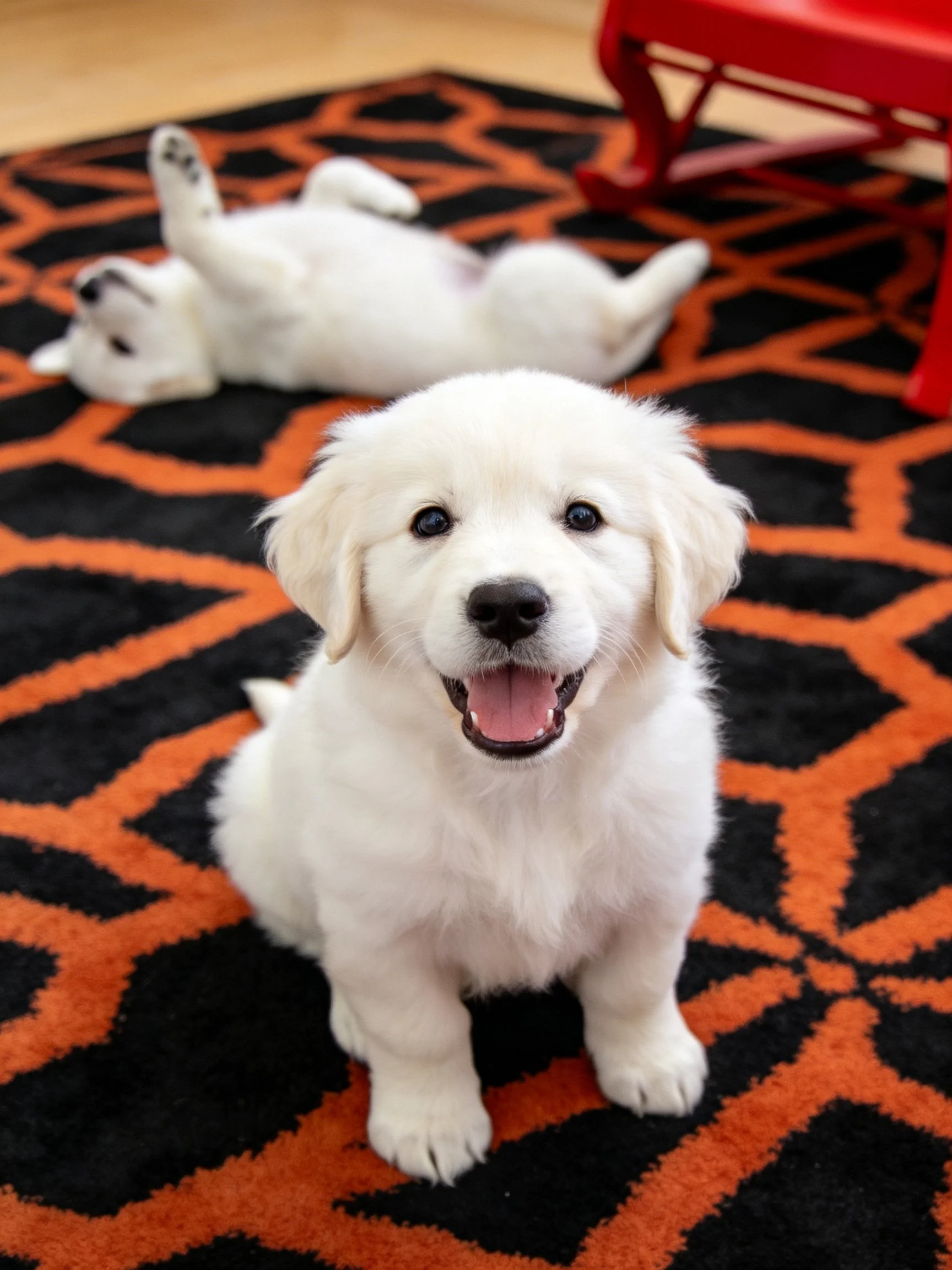 Two white puppies play on a patterned rug indoors.