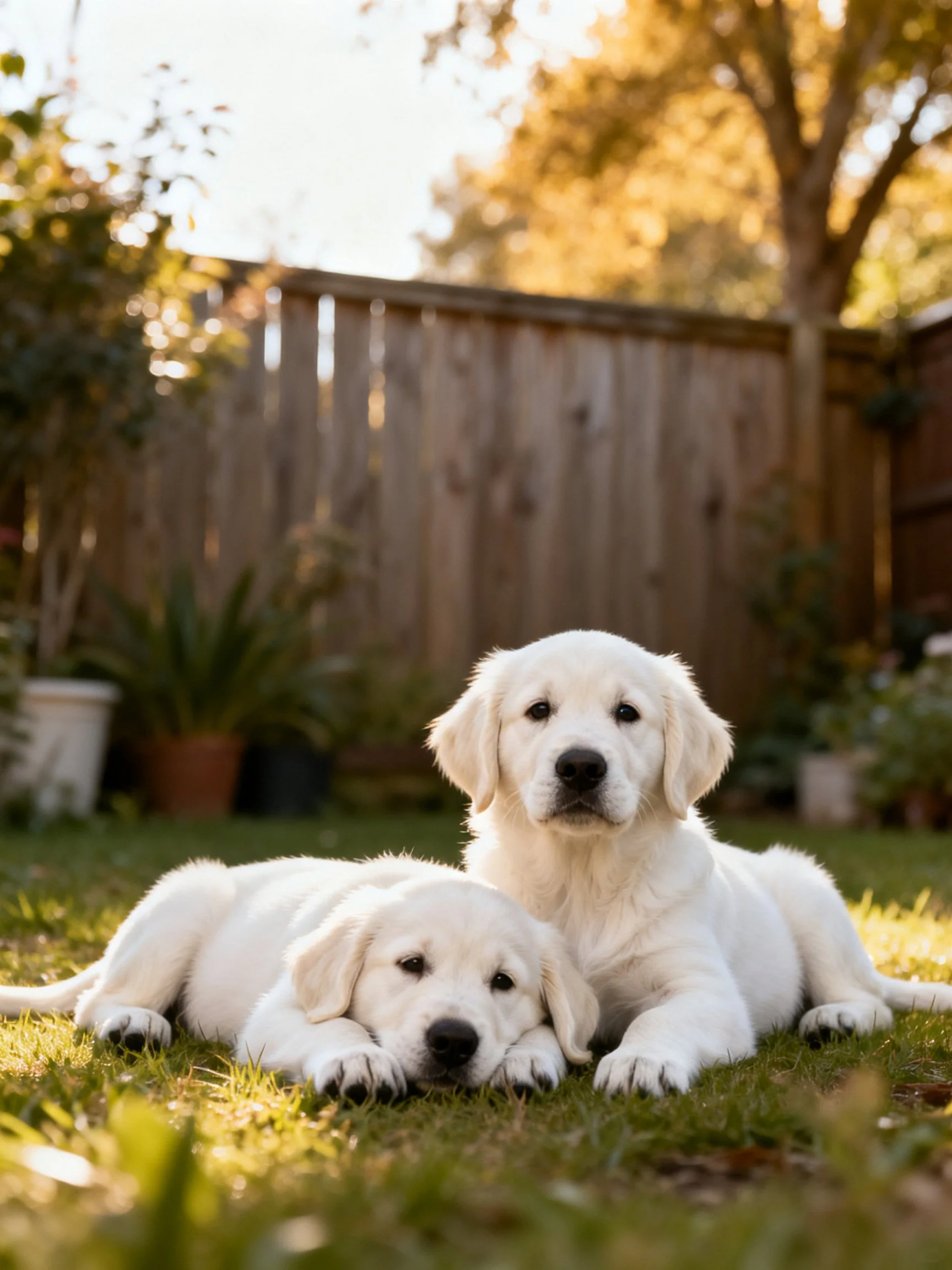 Two white puppies rest on grass by a wooden fence