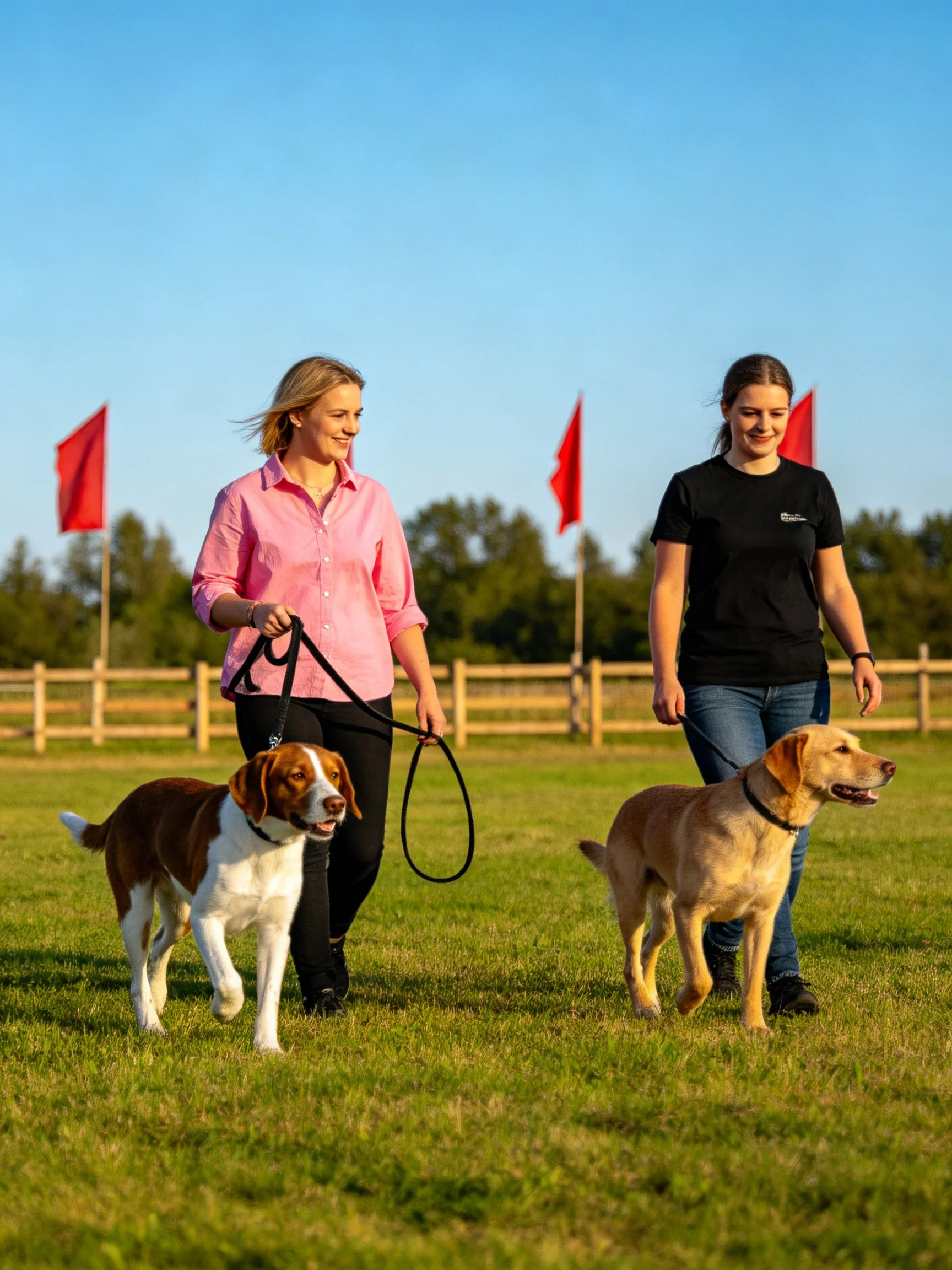 Two women walk two dogs ina sunny grassy field with red flags