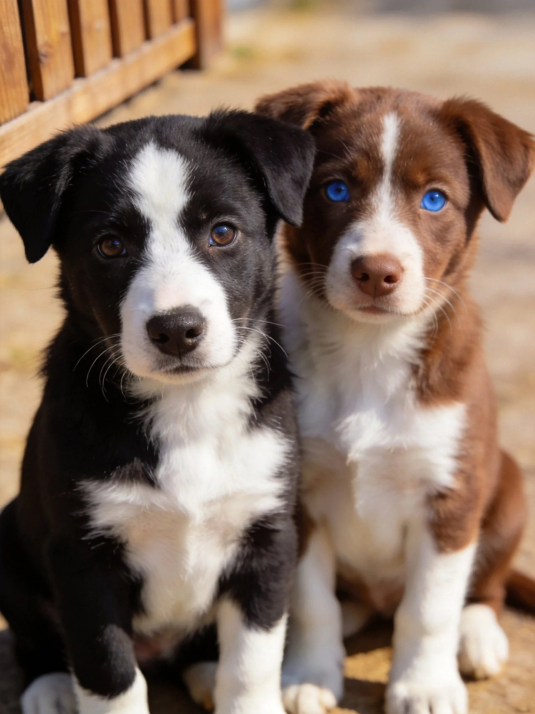 Two young puppies, one black and white, one brown and white with blue eyes
