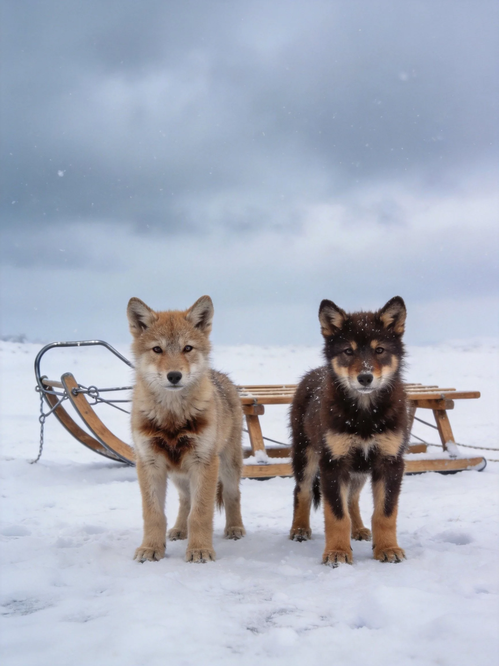 Two young sled dogs stand near a wooden sled in a snowy landscape.