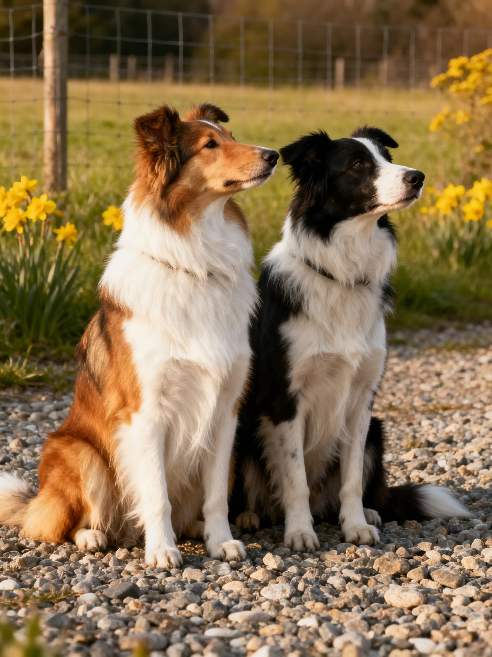 Two collie-type dogs sit together on gravel in a sunlit outdoor area.
