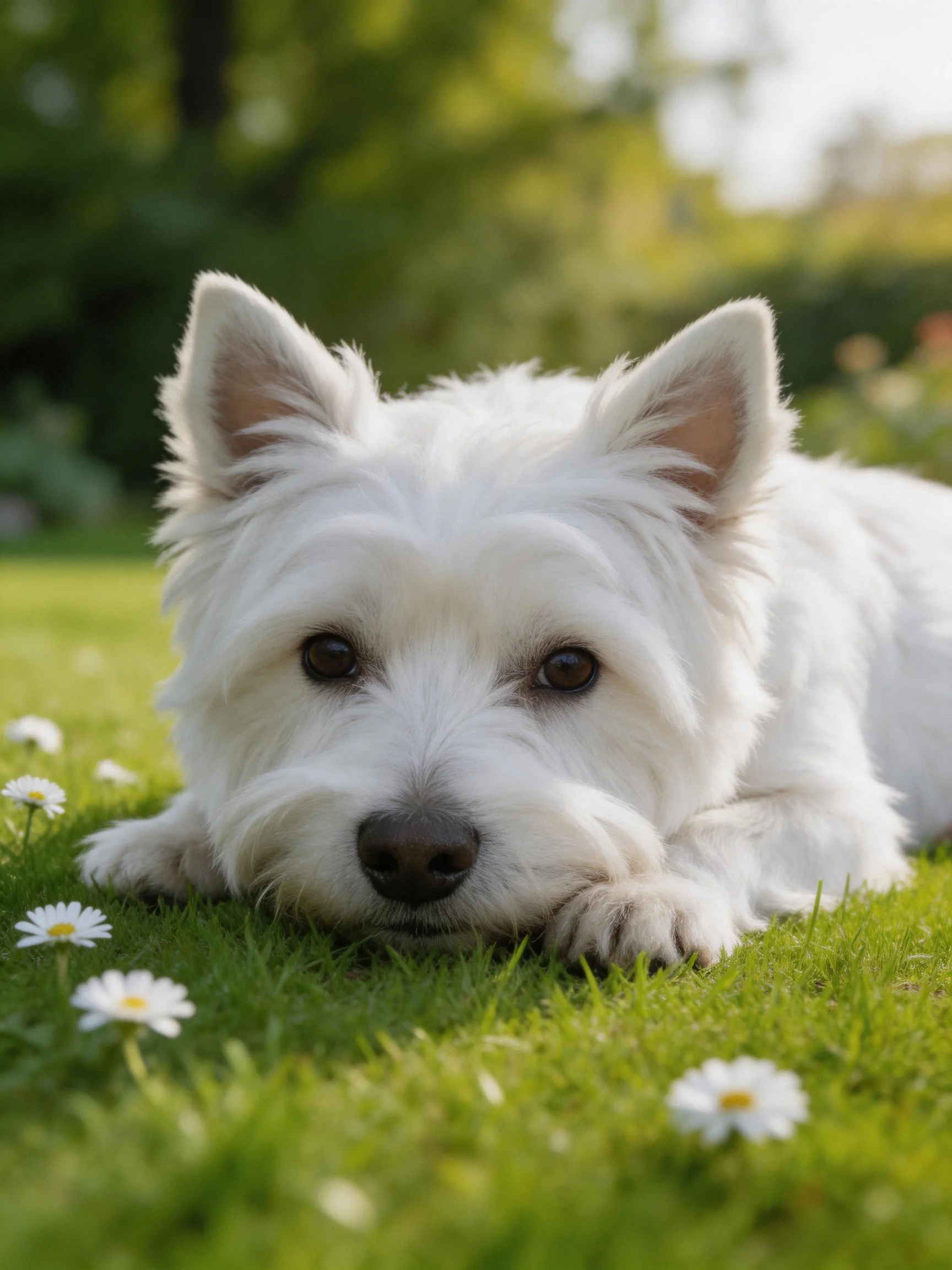 A Westie rests on grass with daisies