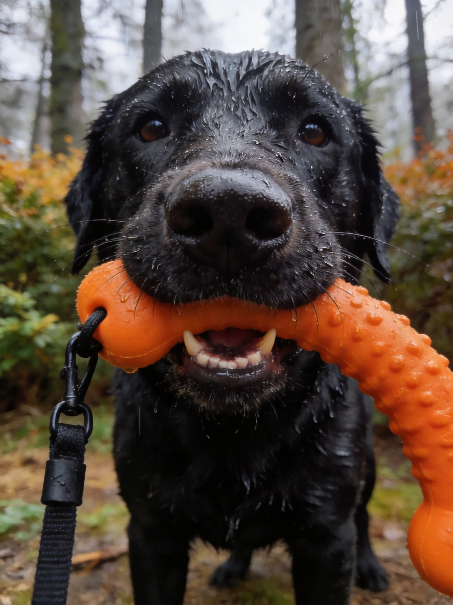 Wet black dog holds orange chew toy in forest