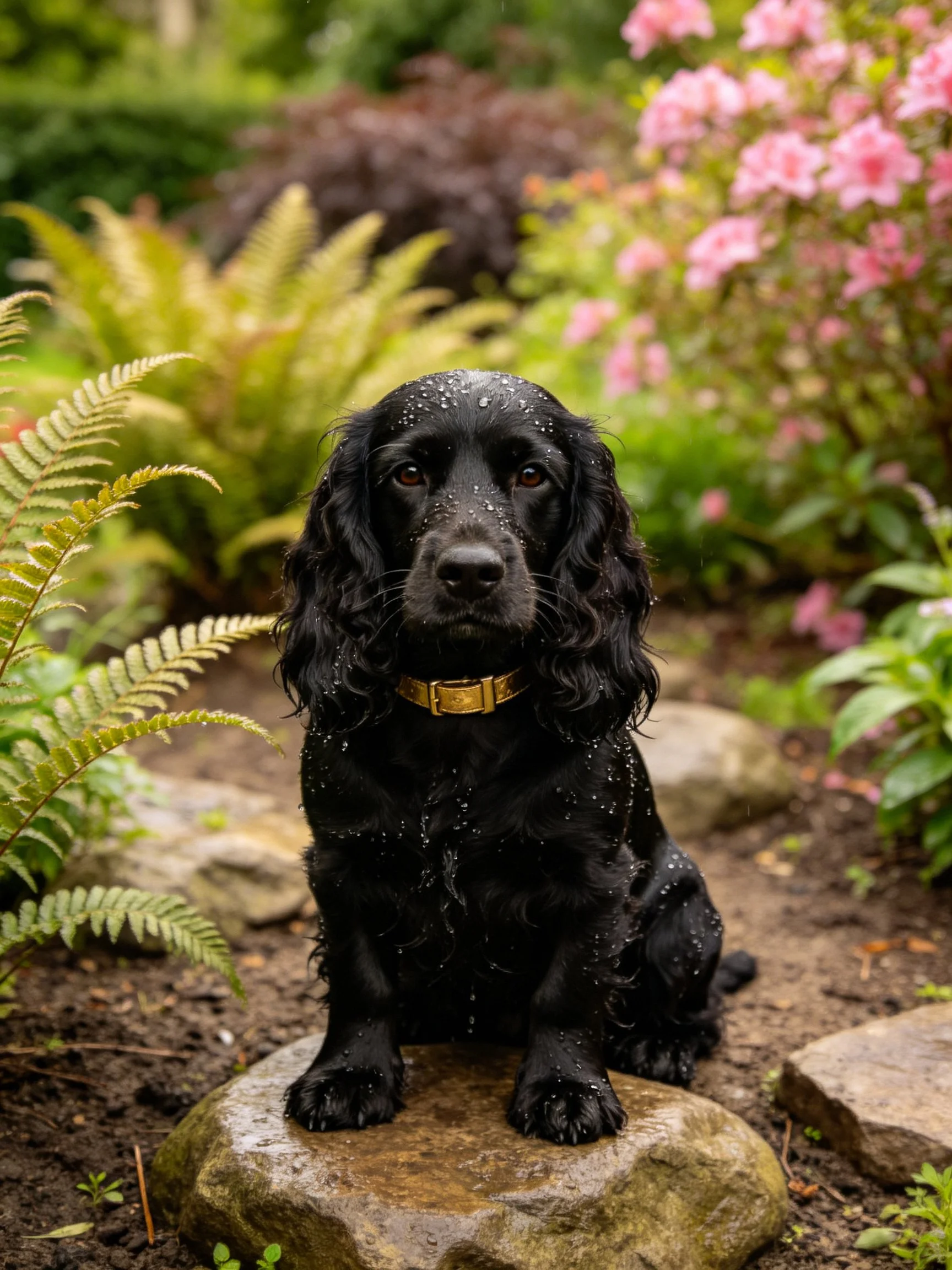 Wet black dog sits on stone amid ferns and pink blooms