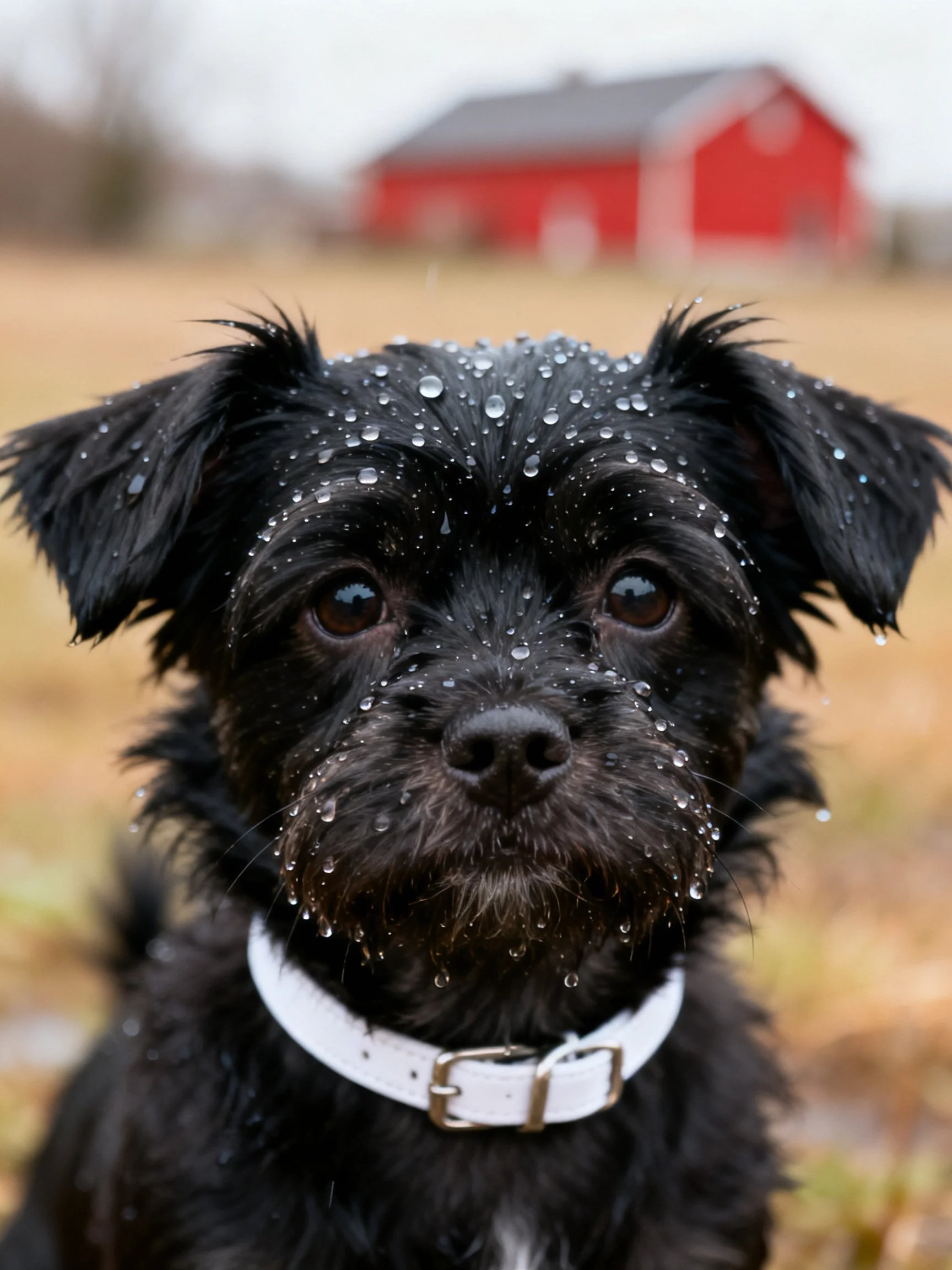 A black dog with water droplets stands beside a red barn in an open field.