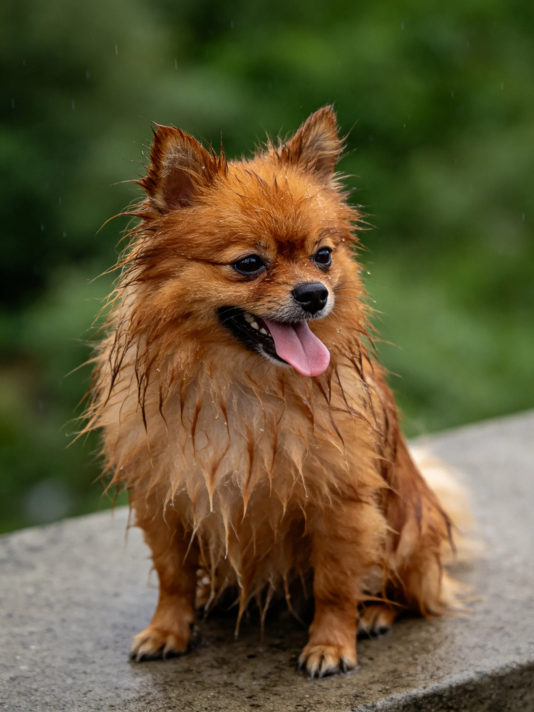 A wet brown Pomeranian sits calmly on a stone surface.