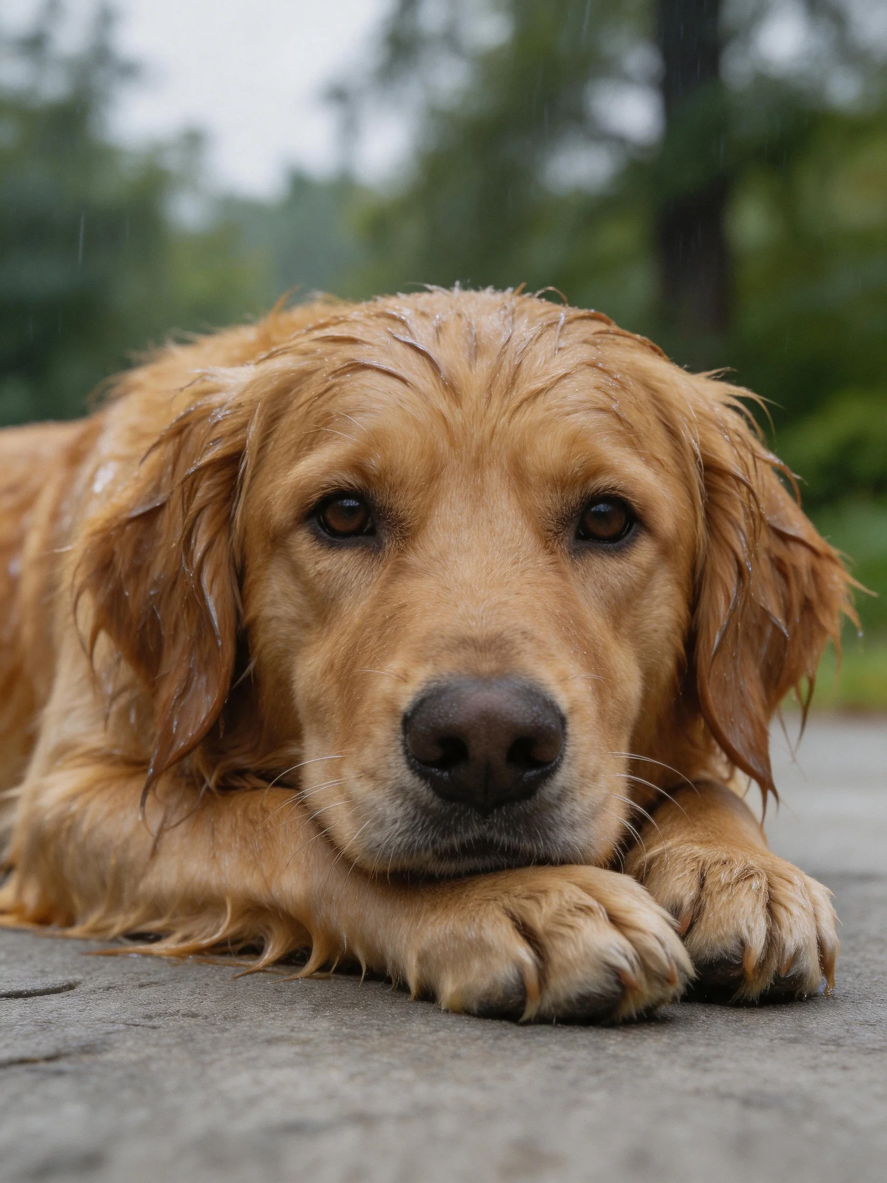 A wet golden retriever rests calmly on pavement in the rain.