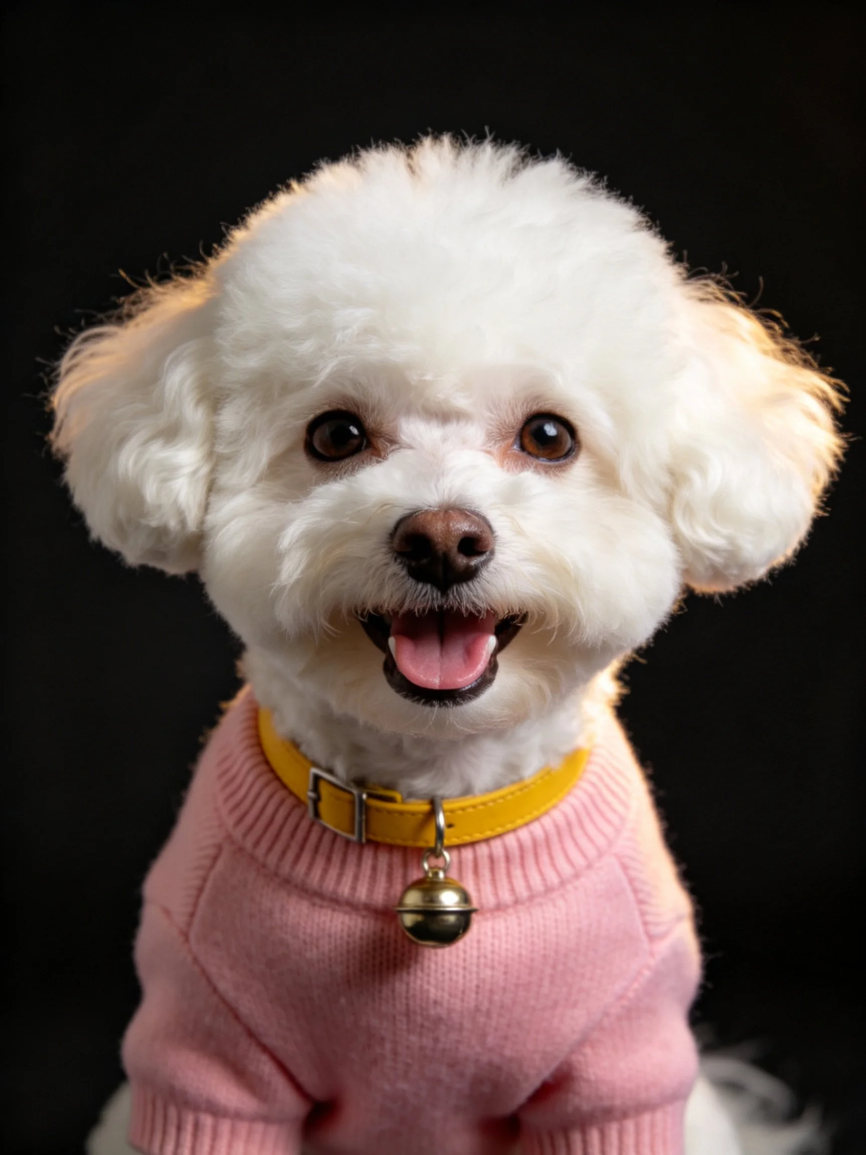 A white Bichon Frise wears a pink sweater and yellow collar.