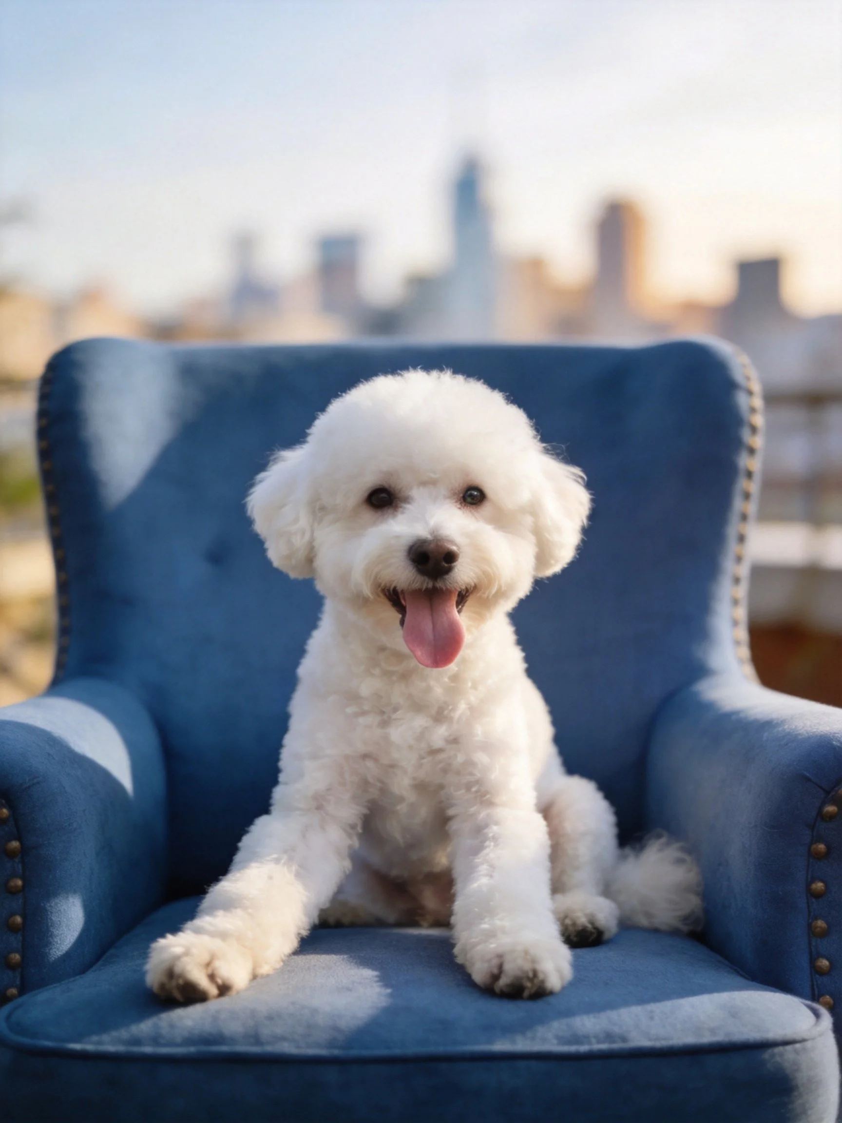 White Bichon Frise on blue armchair with city skyline backdrop