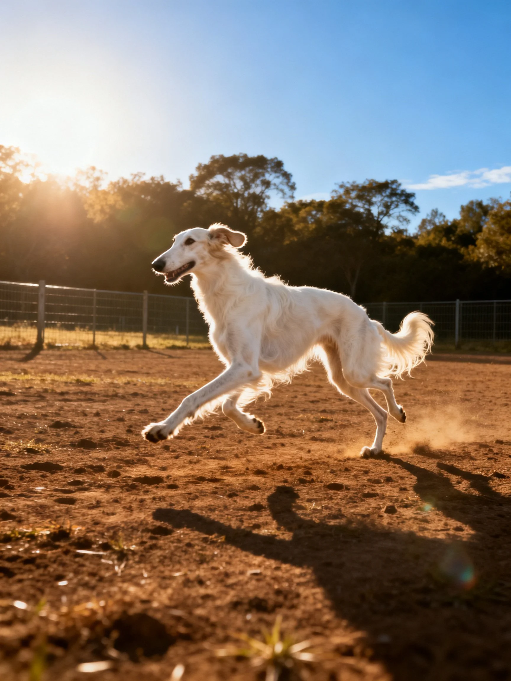 A white Borzai dog sprints across a sunlit dirt area with a fenced backdrop.