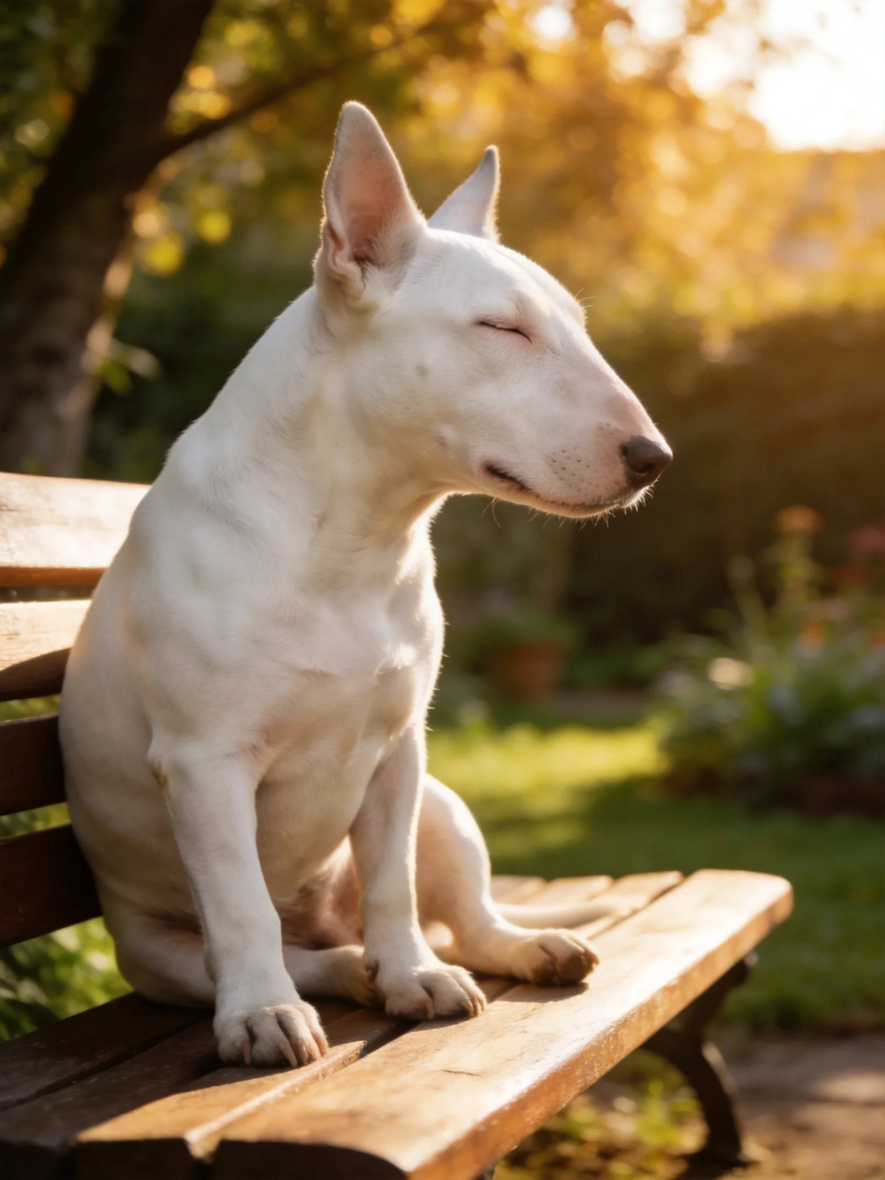 White Bull Terrier relaxing on a wooden bench in a sunlit garden