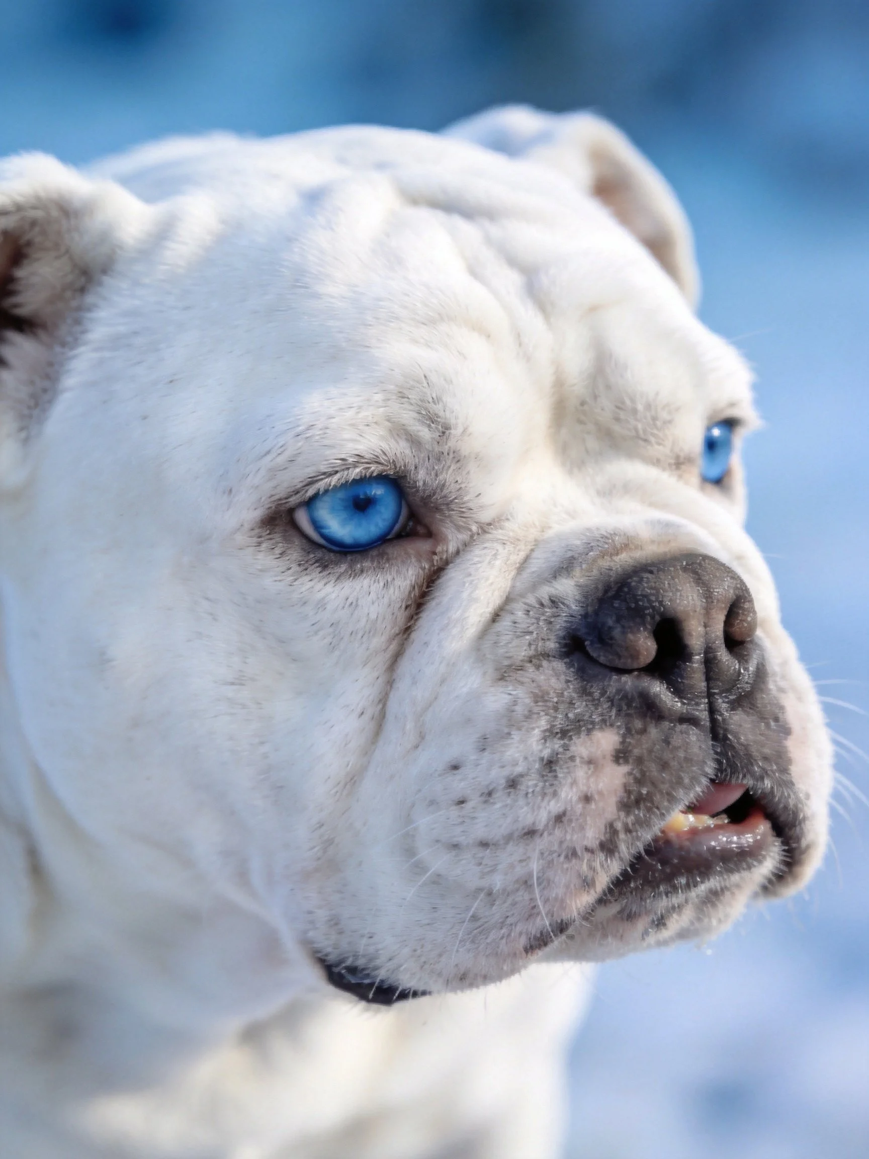 A close - up of a white bulldog with blue eyes.