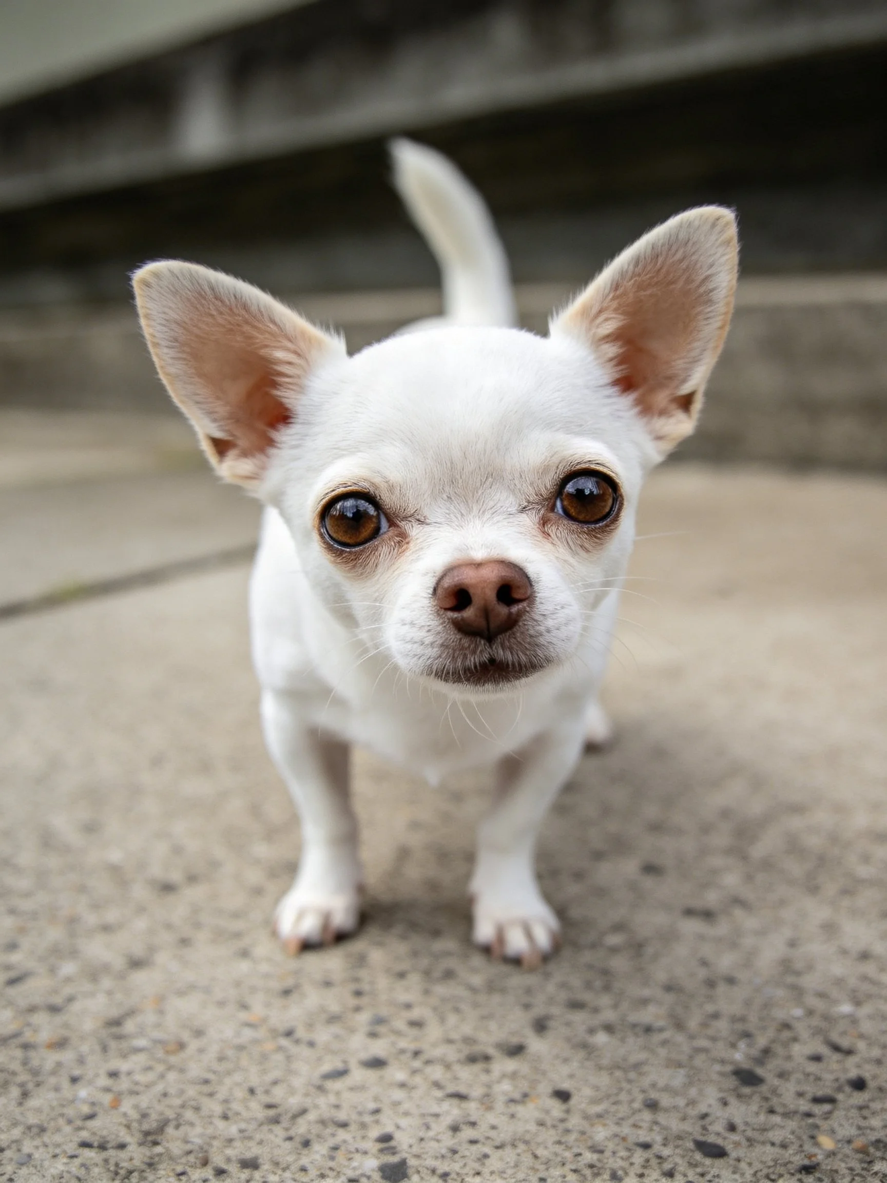 A small white Chihuahua gazes directly at the camera from a concrete area.