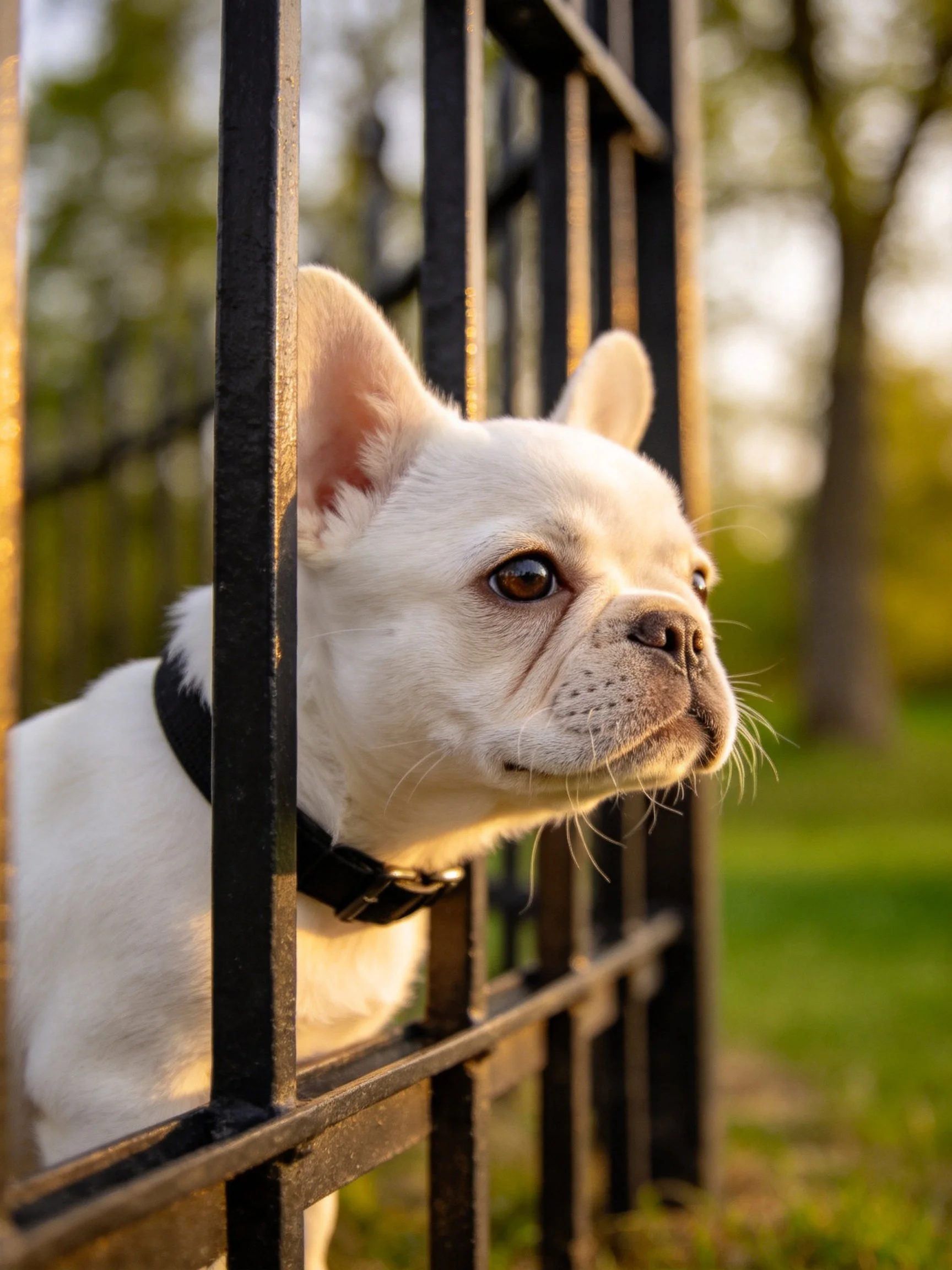 A white French Bulldog puppy observes its surroundings from behind black metal fence bars.