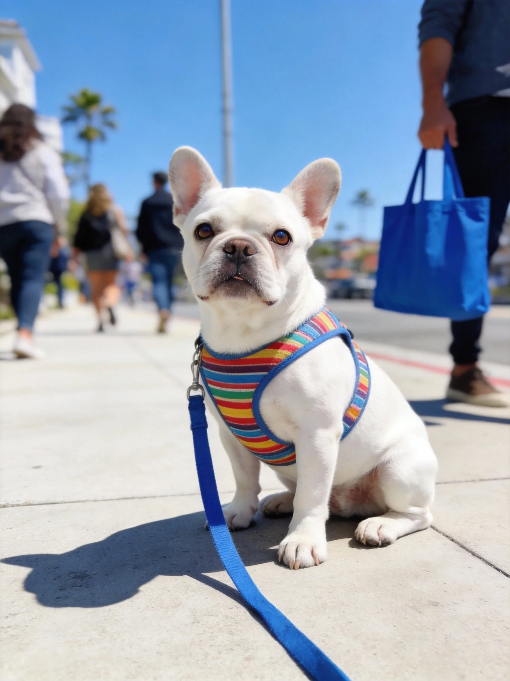 A white French bulldog waits on a sunny sidewalk with pedestrians nearby.