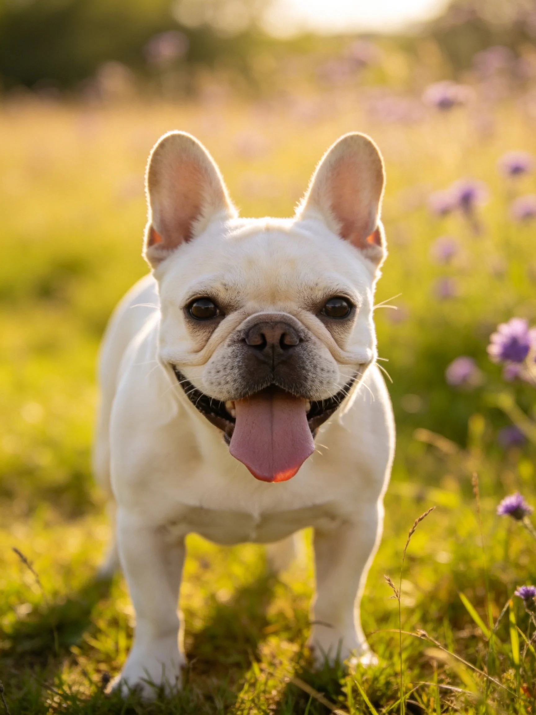 A white French bulldog enjoys a sunny day among flowers in a meadow.