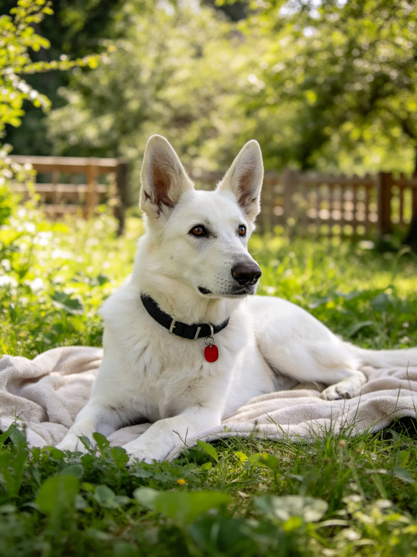 A white German Shepherd relaxes on a blanket amid greenery and sunlight.