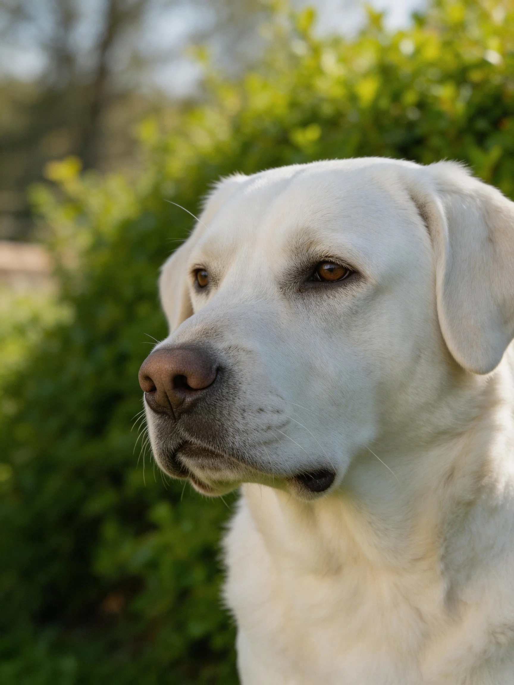 A white Labrador Retriever is outdoors near green bushes.