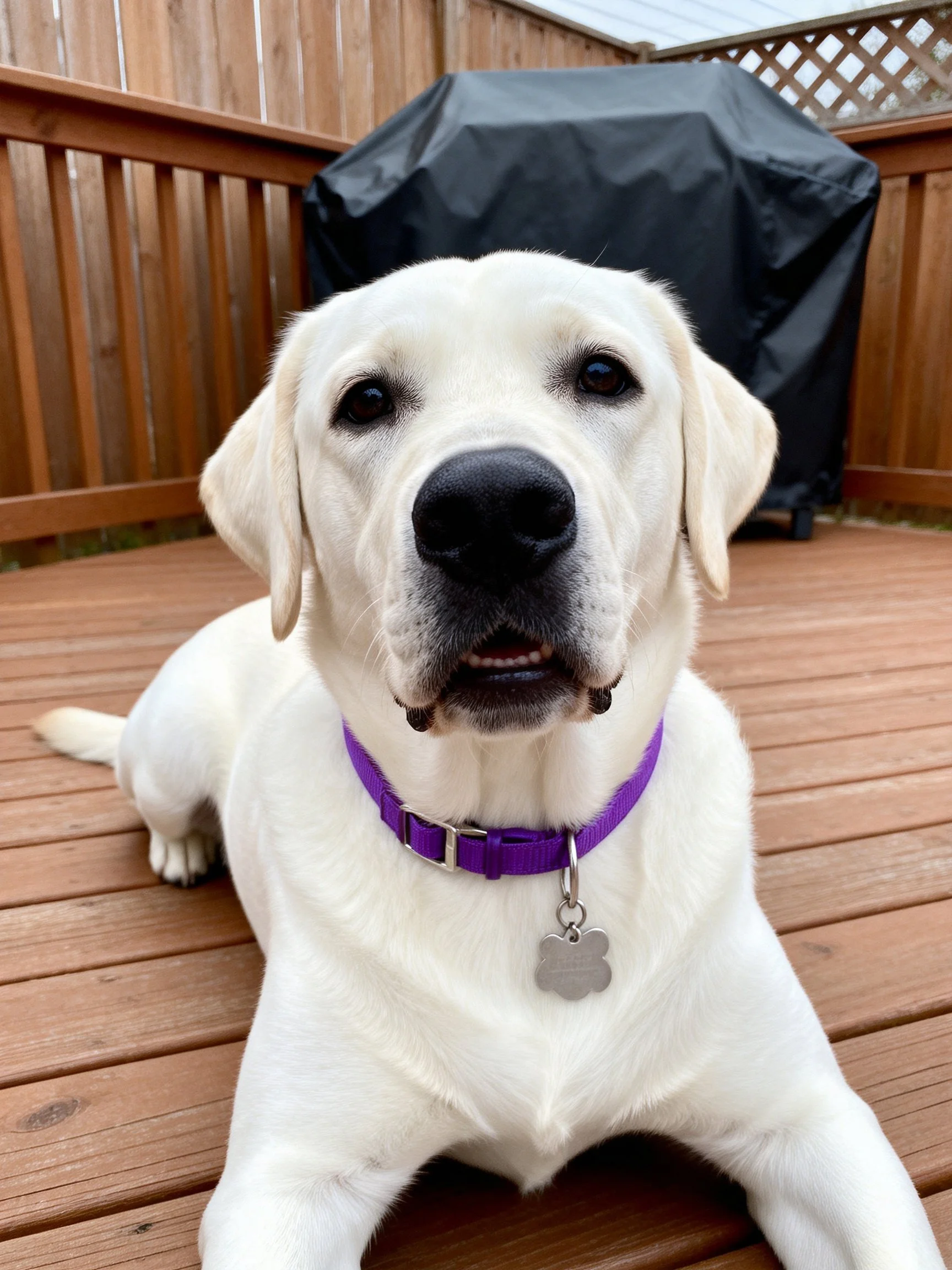 A white Labrador Retriever relaxes on a wooden deck.