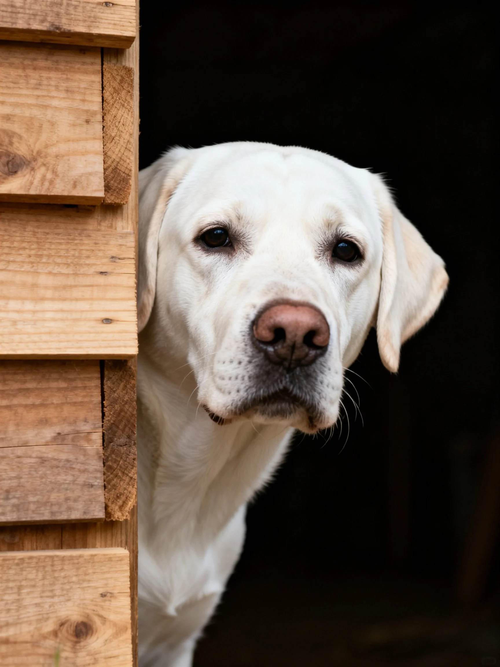 White Labrador Retriever peeks from wooden shelter with dark backdrop