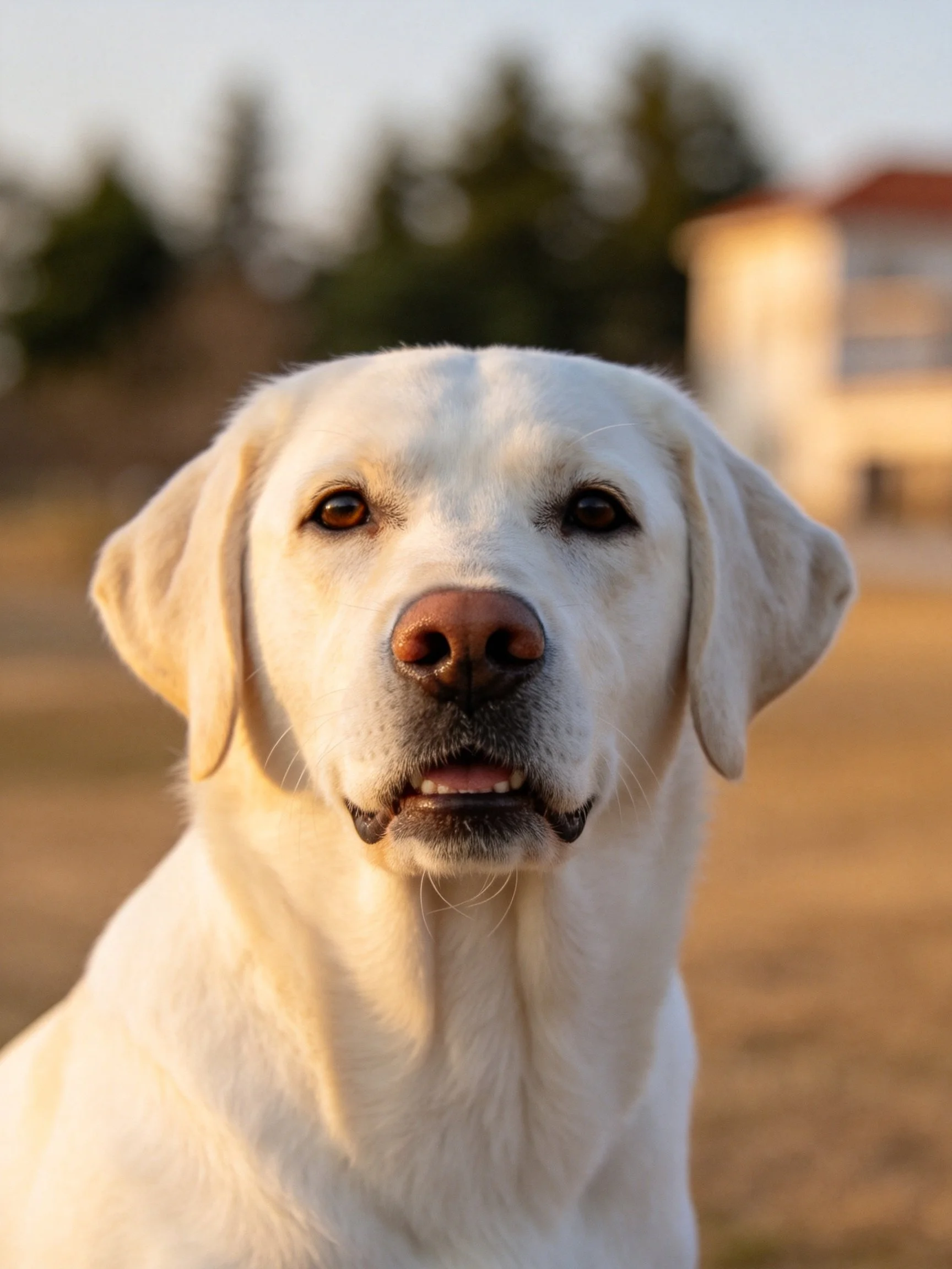 A white Labrador Retriever is photographed up close with a blurred outdoor background.