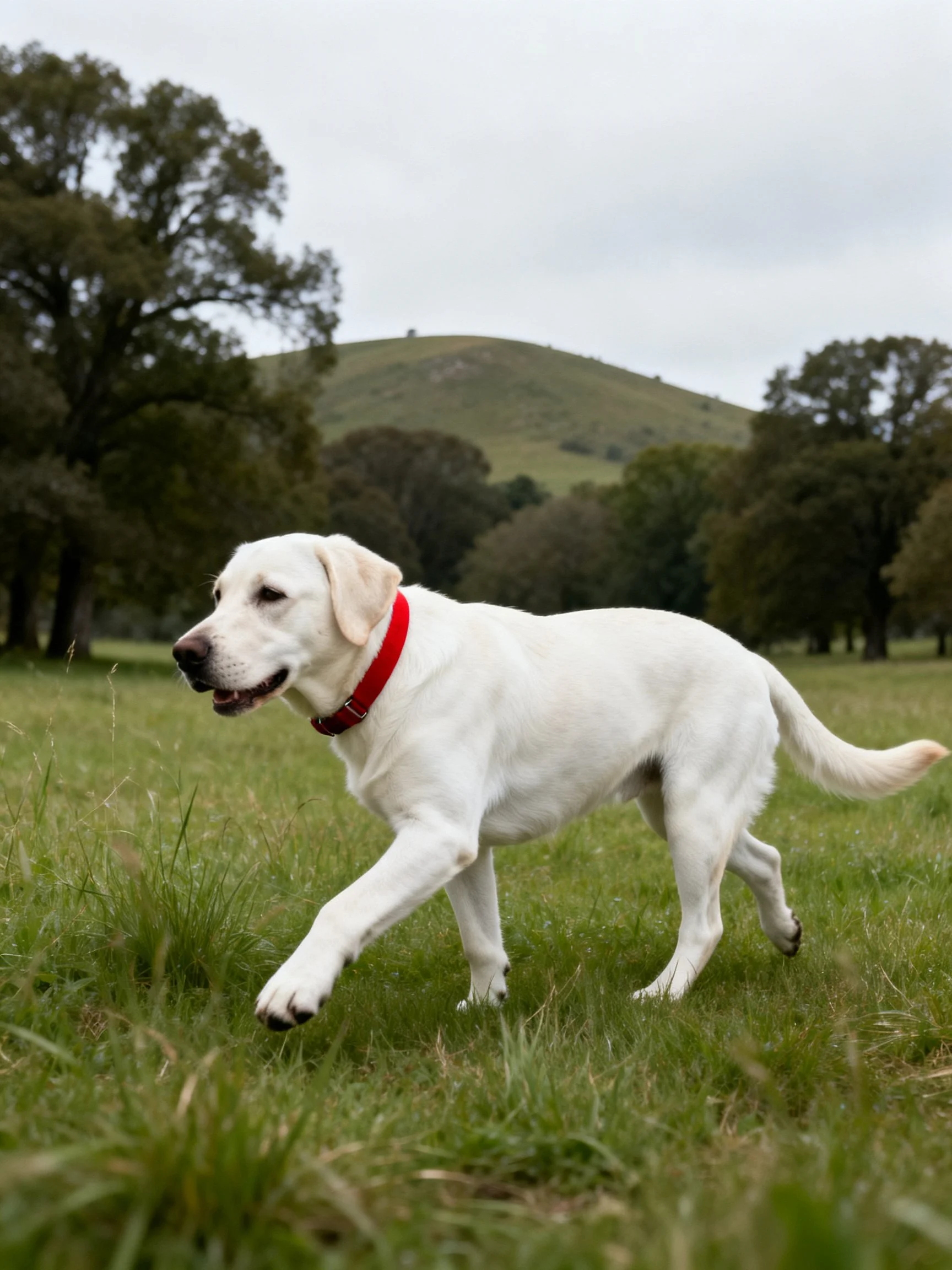A white Labrador Retriever runs energetically in a grassy field with trees and a hill.