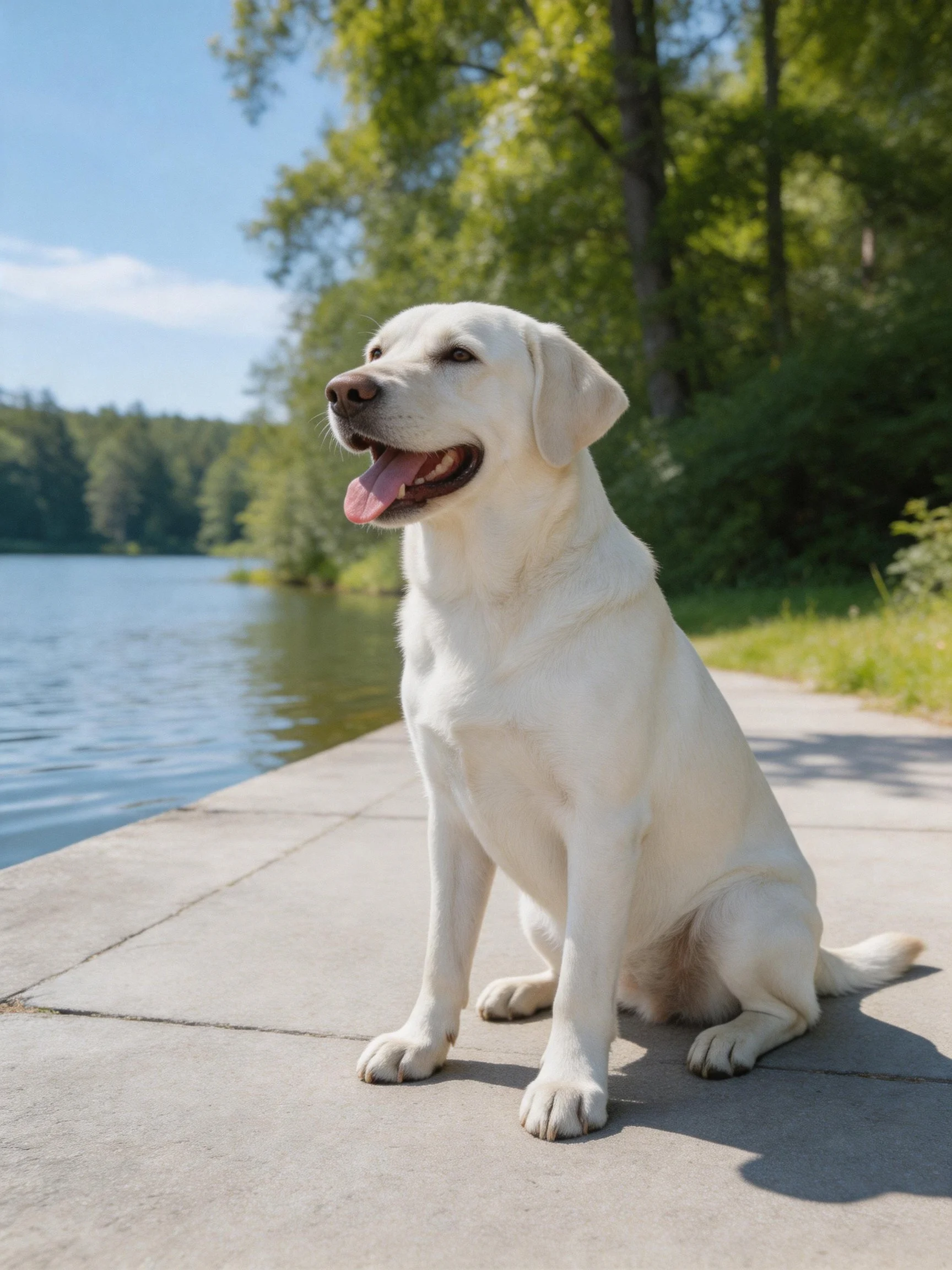 A white Labrador Retriever sits peacefully by a lakeside path.