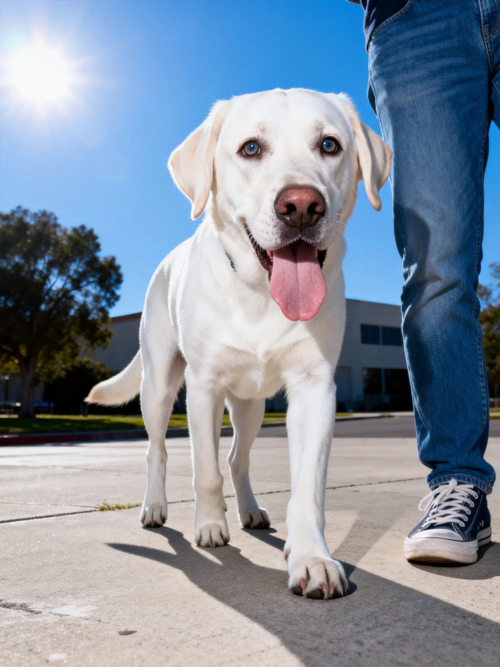 A white Labrador Retriever walks beside a person in blue jeans on a sunny day.