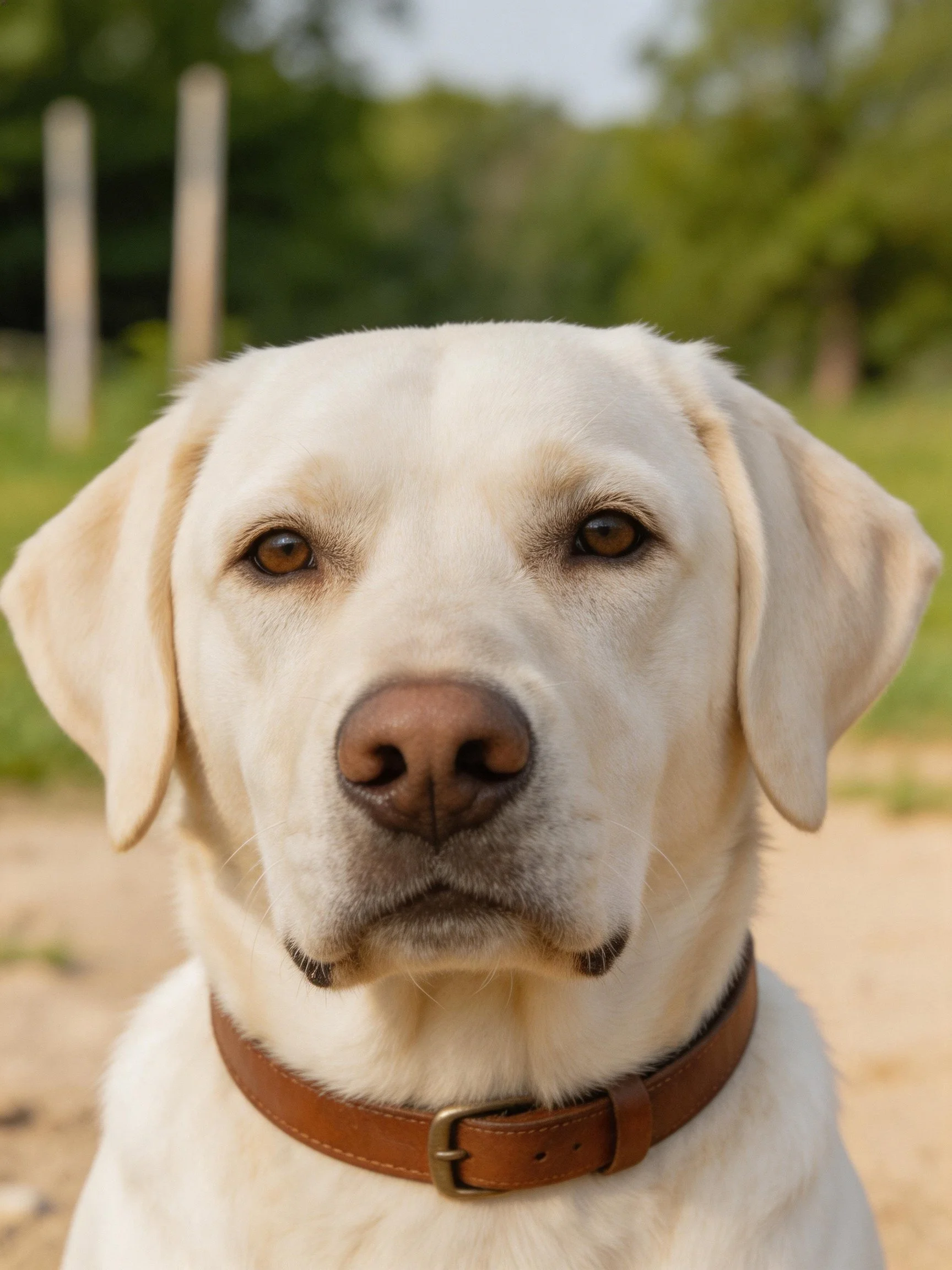 White Labrador Retriever wearing brown collar in natural setting
