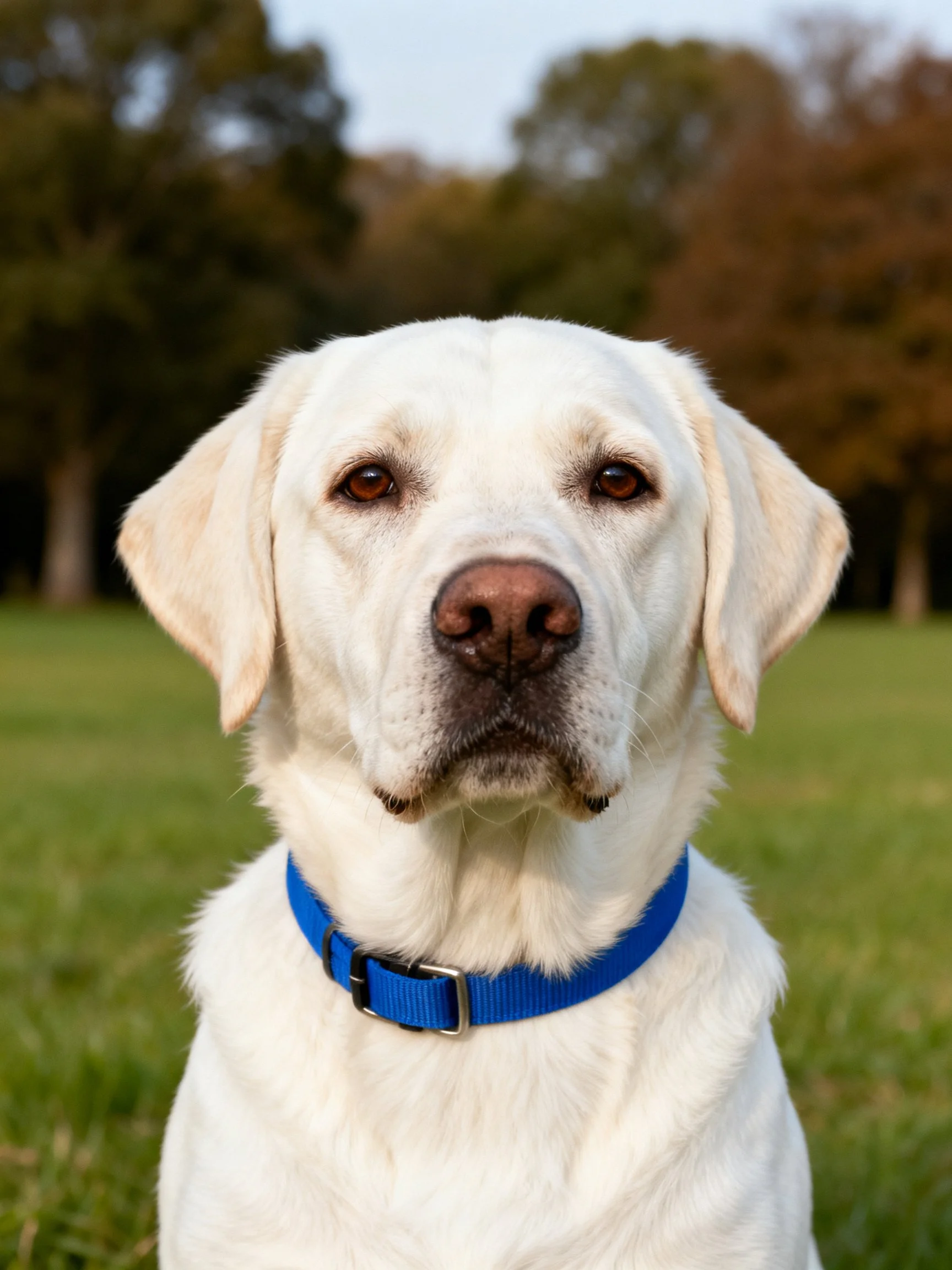 A white Labrador Retriever with a blue collar sits calmly in a grassy area near trees.