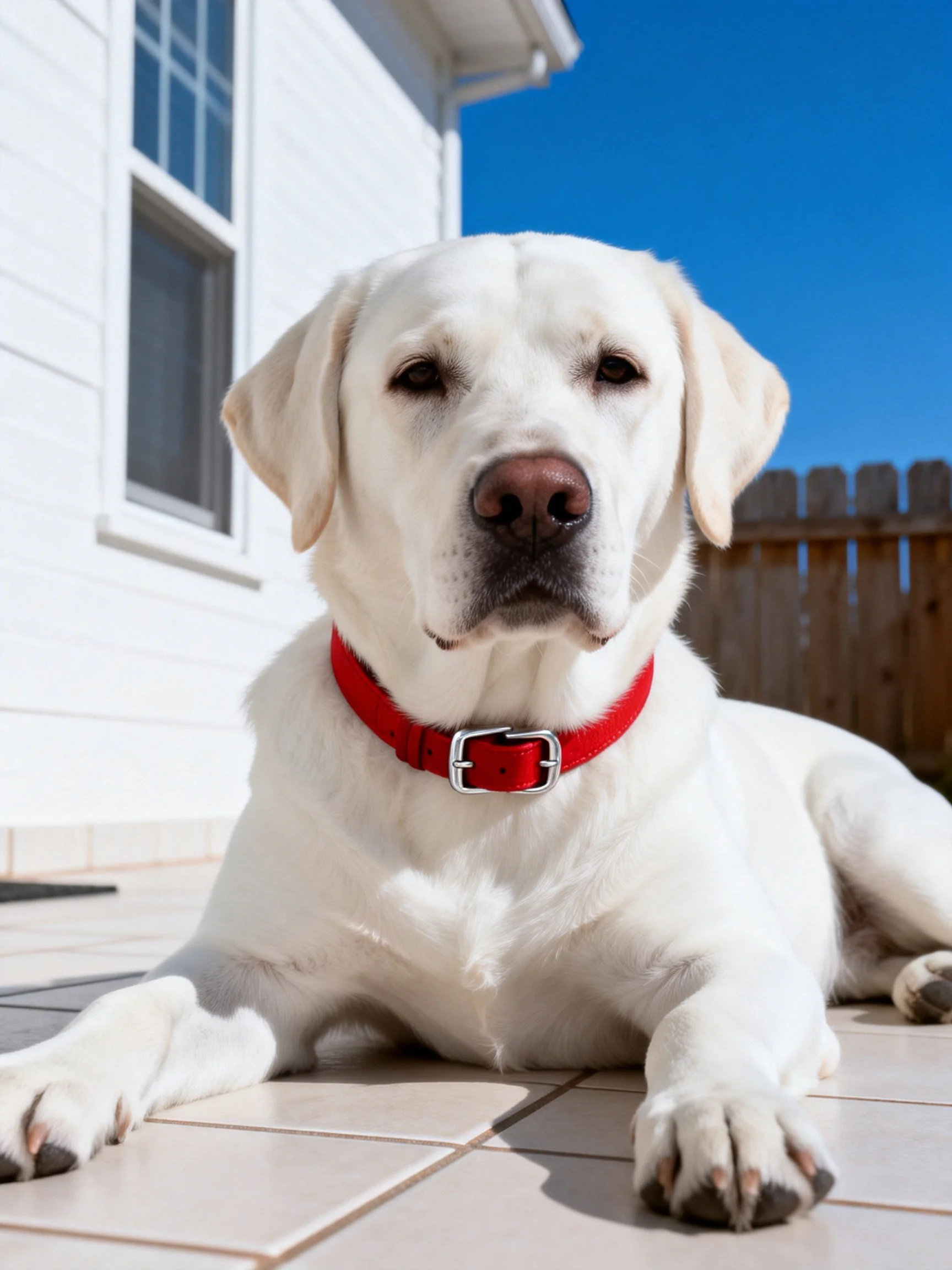 A white Labrador Retriever rests calmly on a tiled outdoor patio.