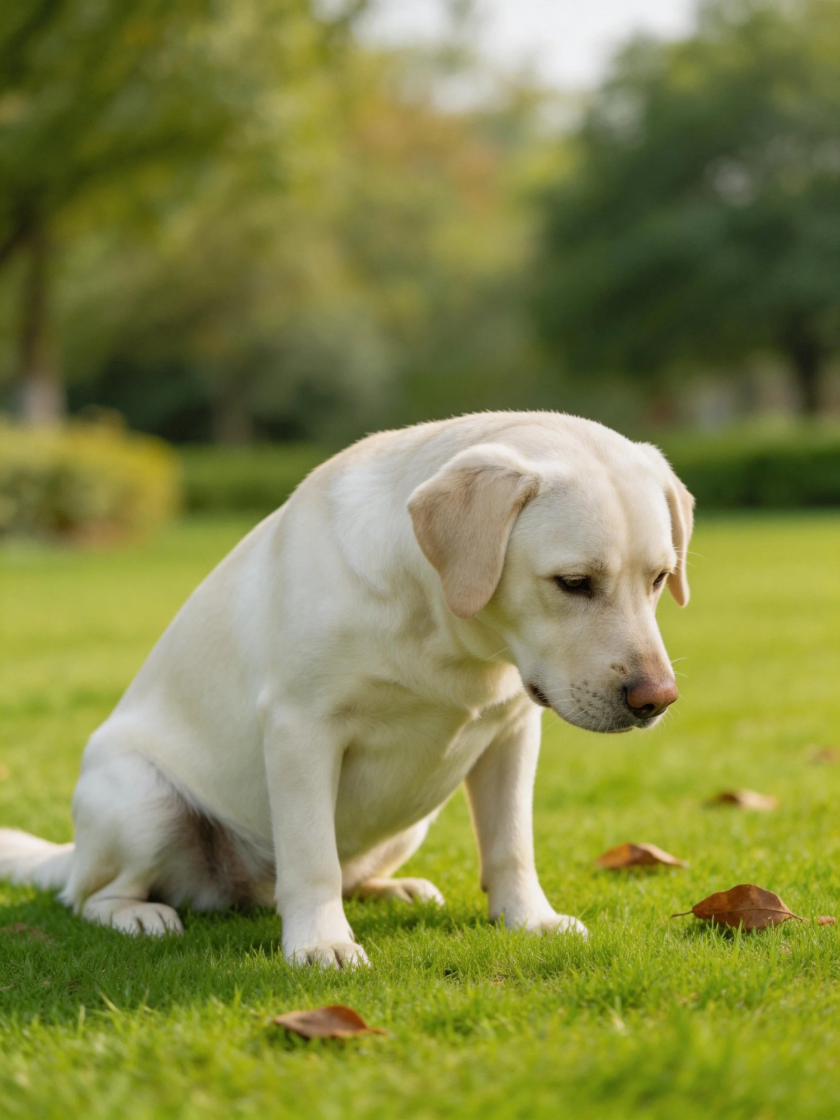 A white Labrador puppy sits on green grass among scattered brown leaves in an outdoor area.