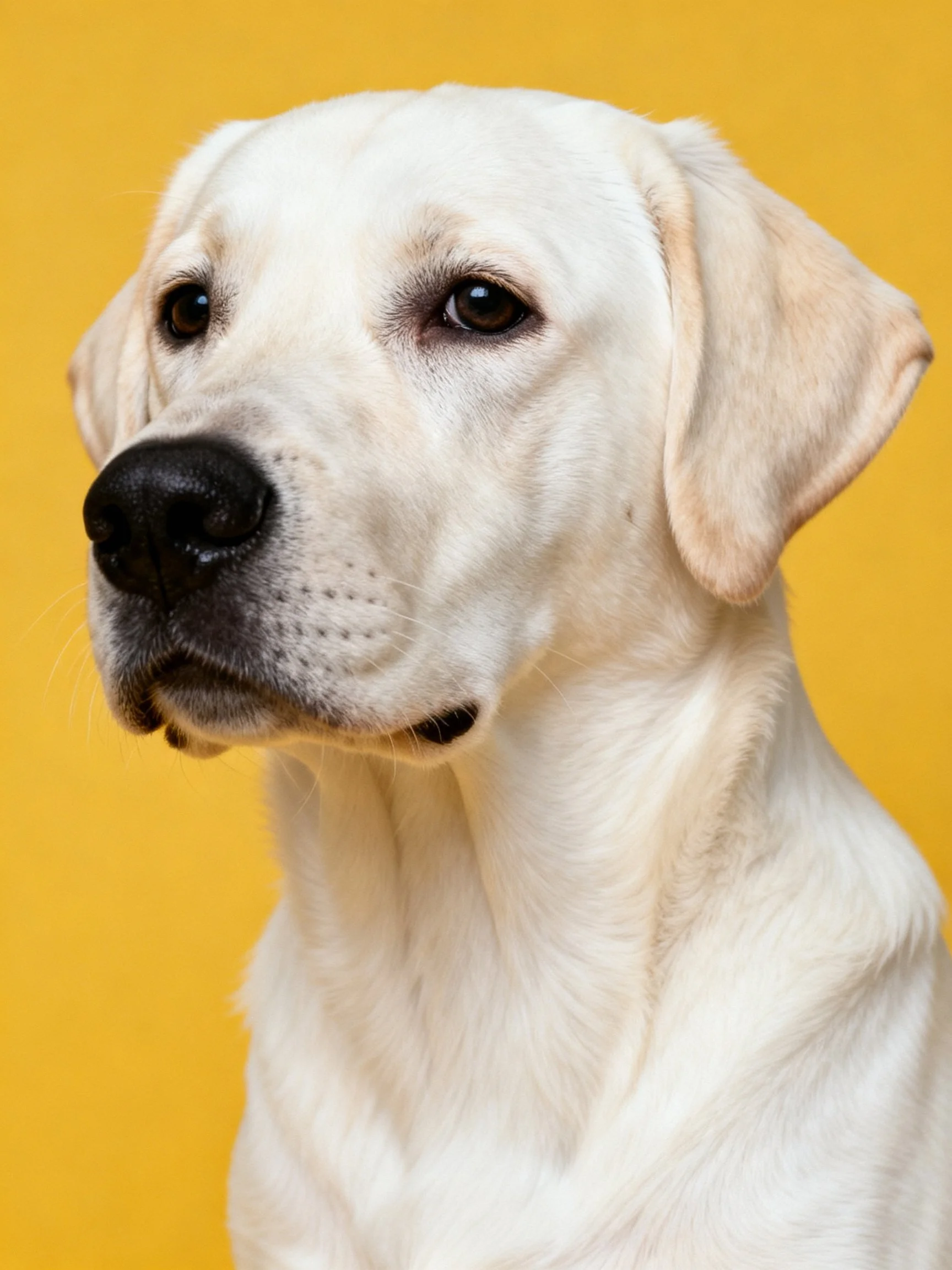 White Labrador retriever portrait with solid yellow backdrop
