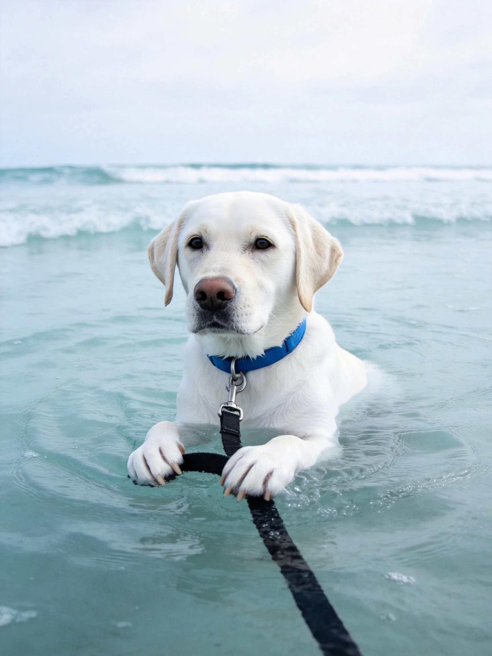 White Labrador retriever swimming in turquoise water with blue collar