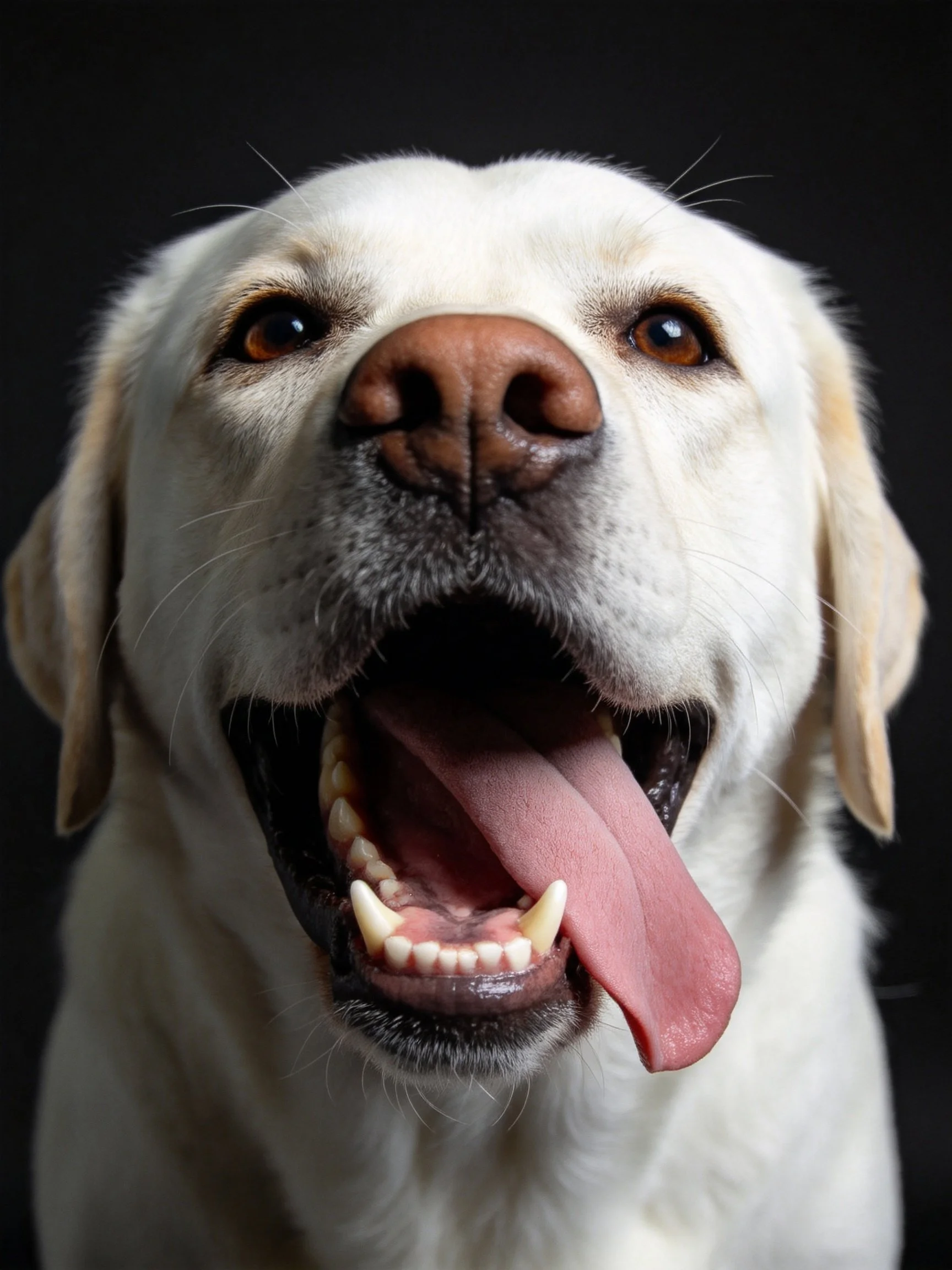 A white Labrador retriever shows its open mouth and extended tongue.