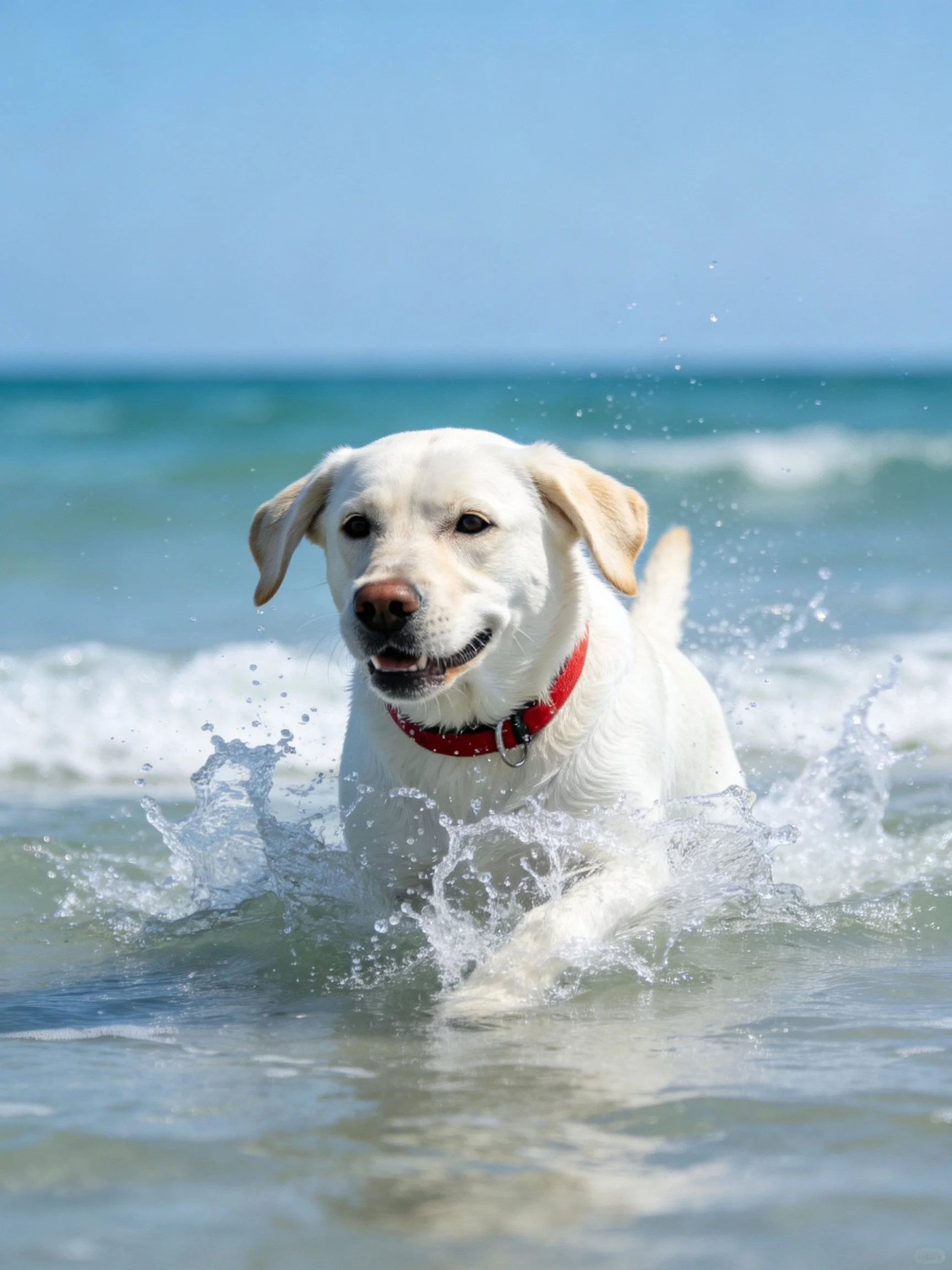 A white Labrador retriever plays joyfully in crashing ocean waves at the beach.