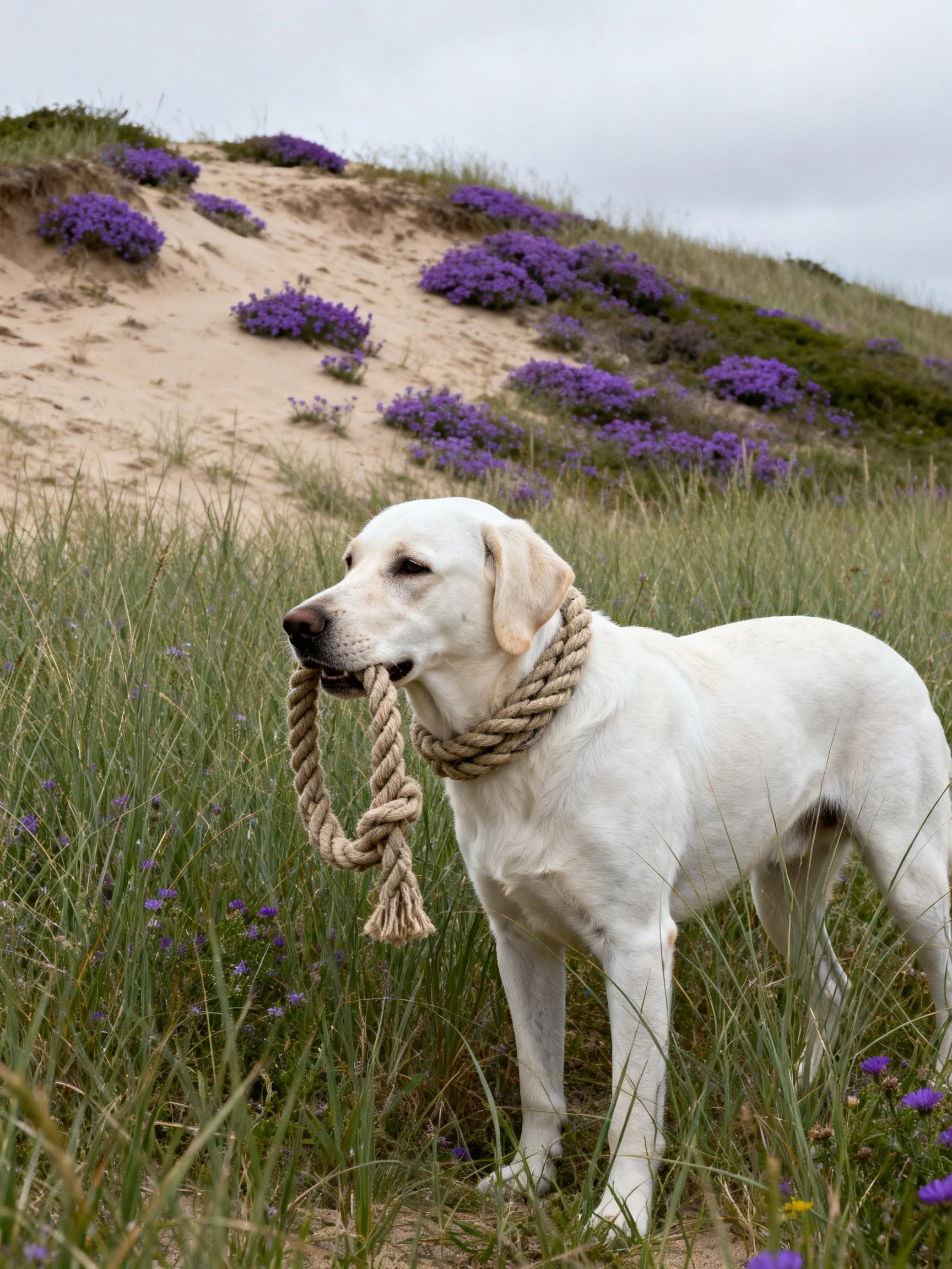 A white Labrador retriever plays with a rope toy near colorful sand dunes and tall grass.
