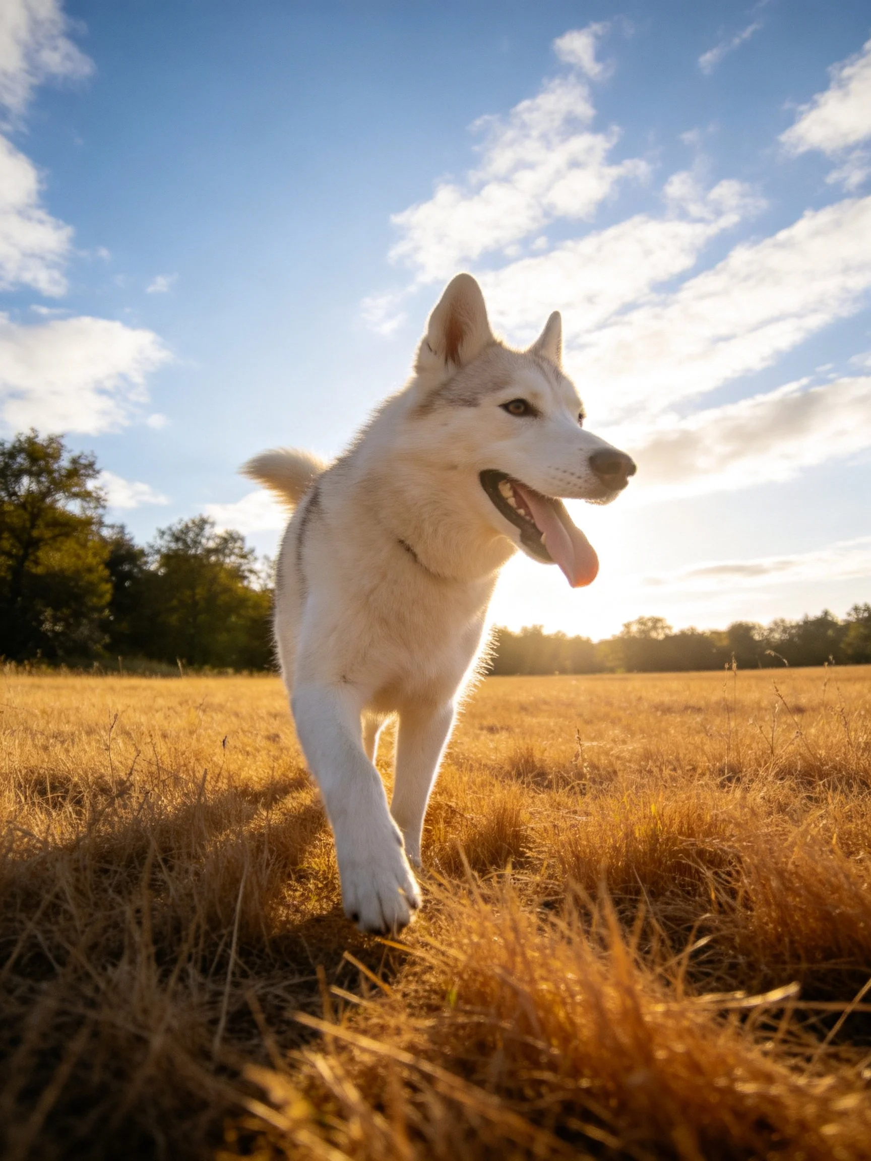 A white husky enjoys running through a golden field under sunny skies.