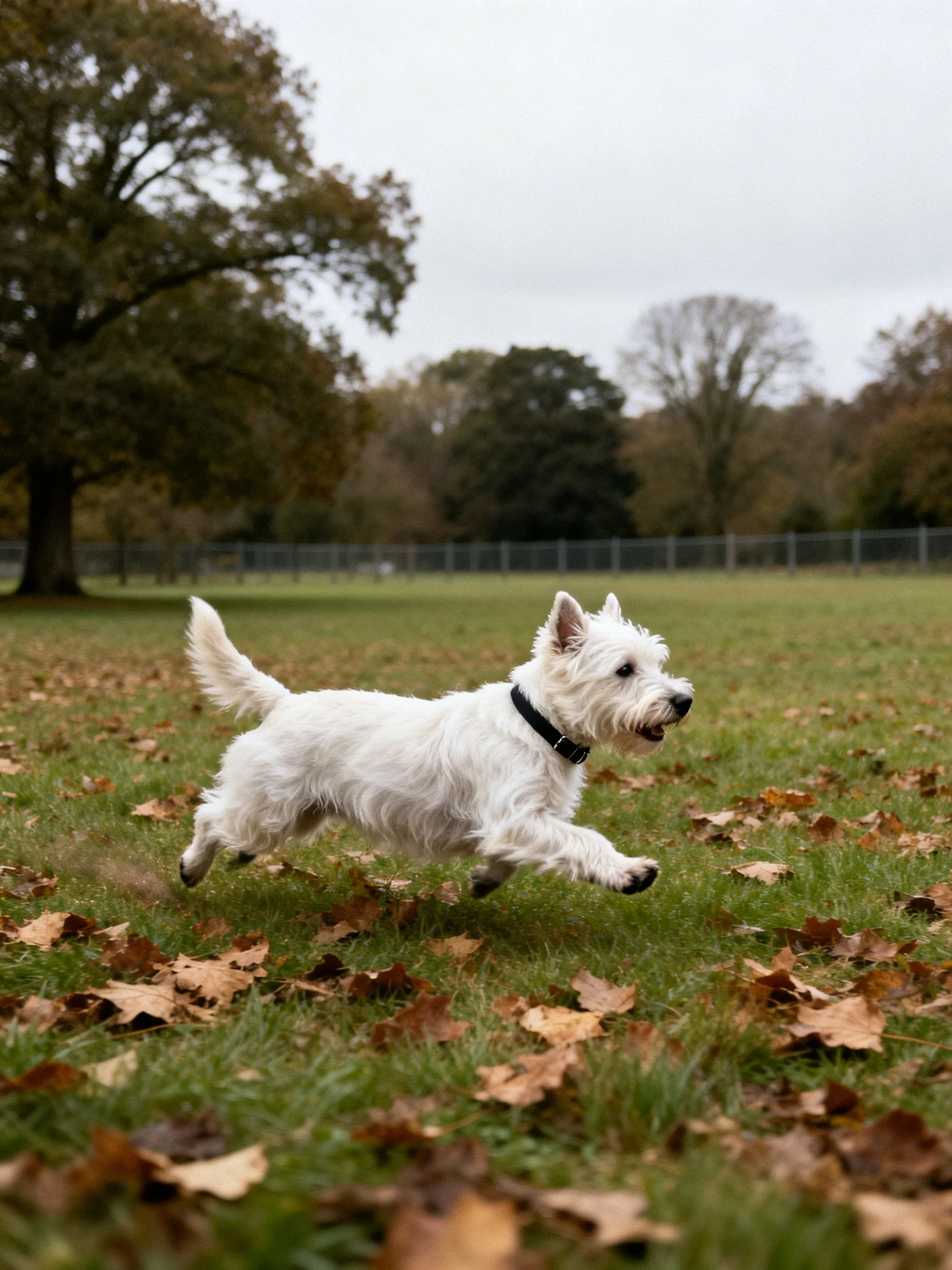 A West Highland White Terrier runs energetically through a leaf - strewn grassy field.