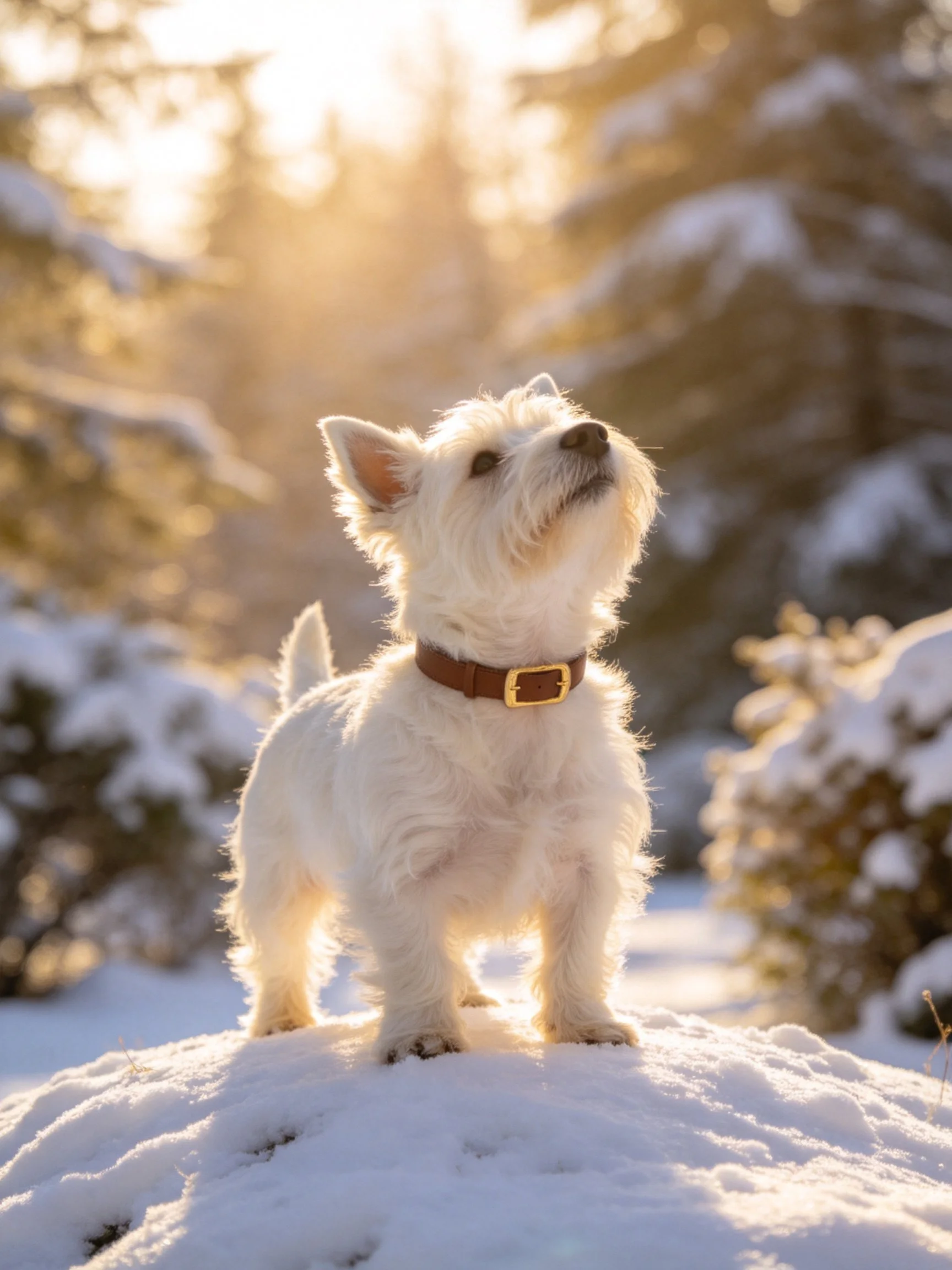 White Westie dog on snow mound under golden sunlight