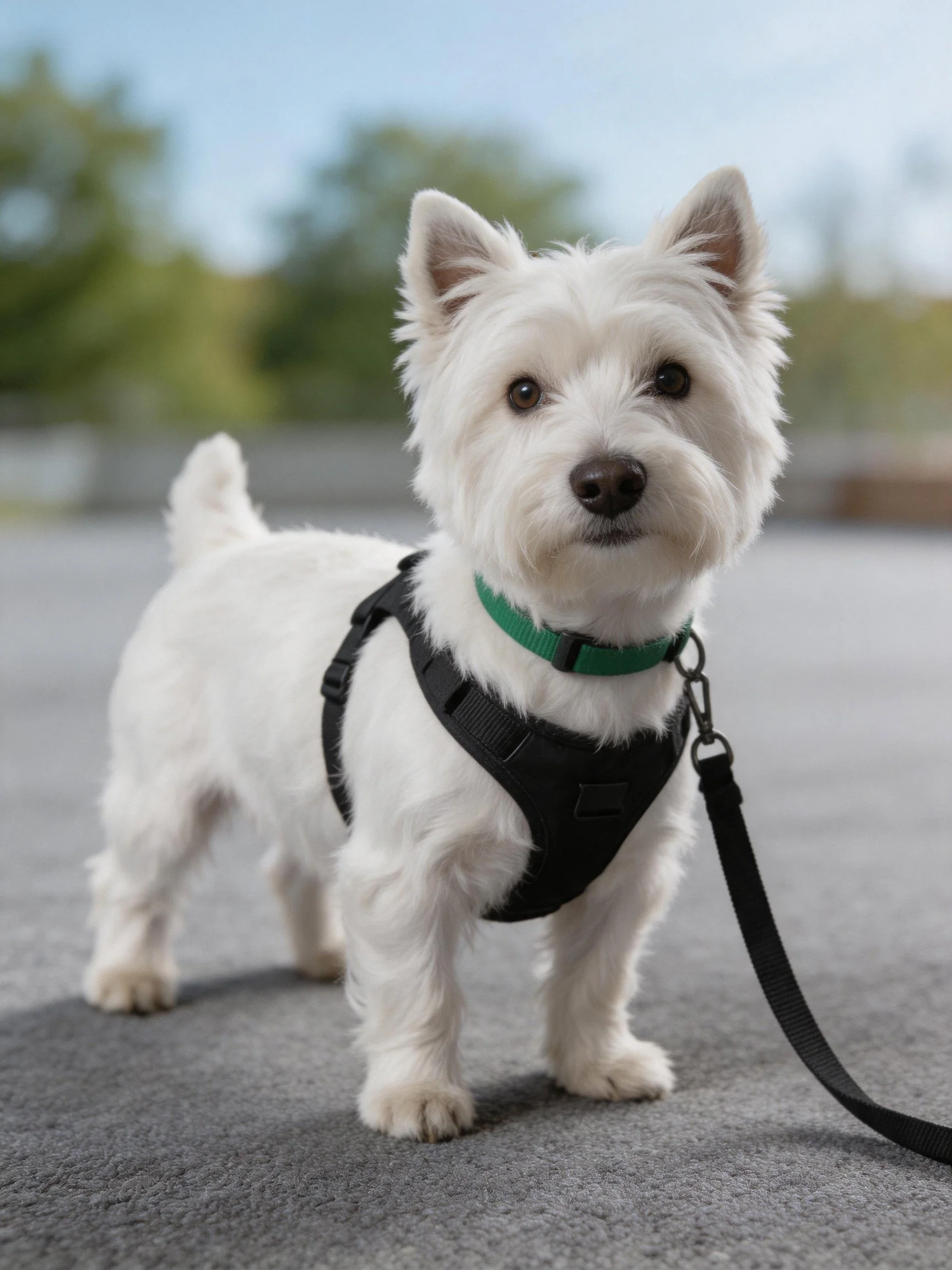 White Westie in black harness with green collar